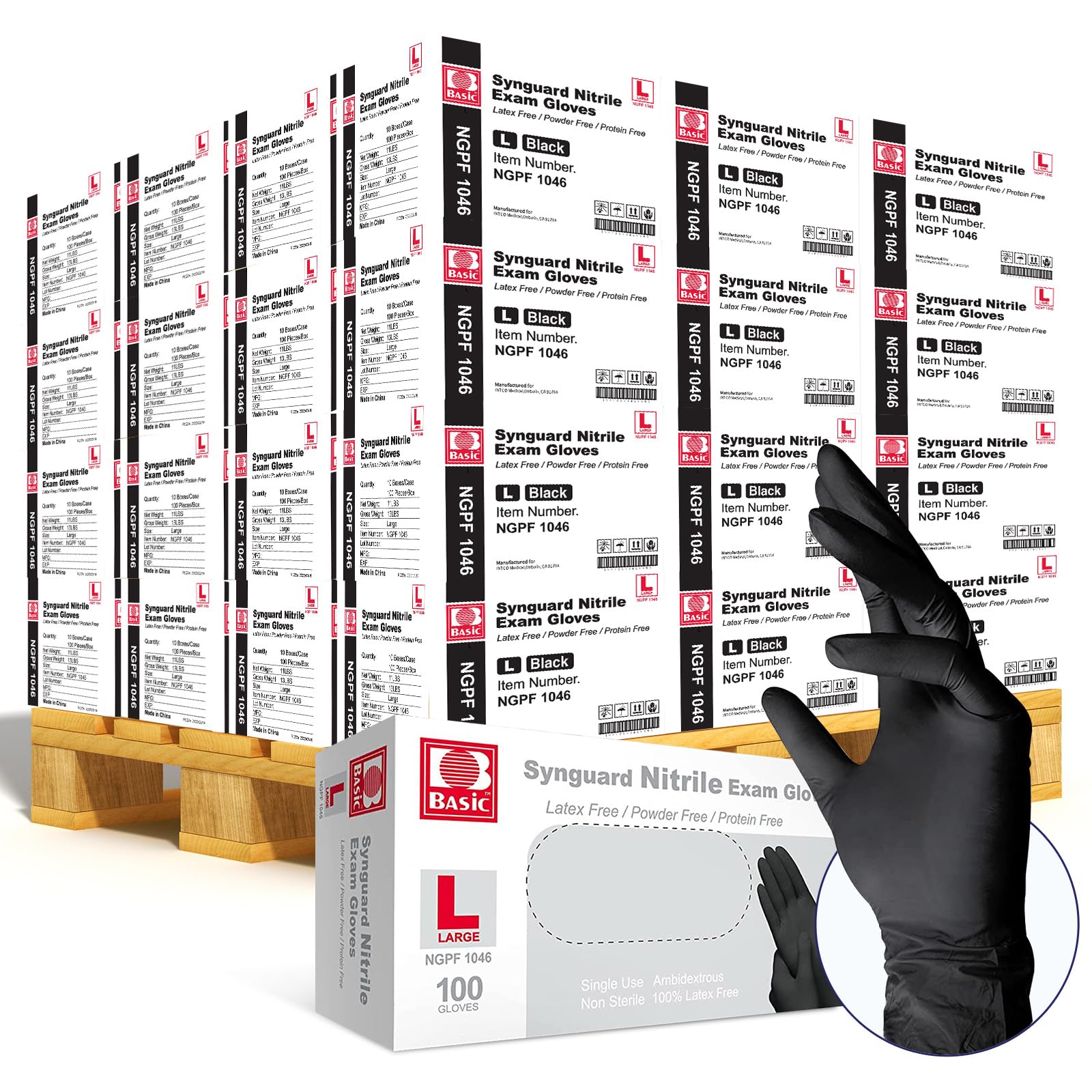 IntcoBasic Medical Black Nitrile Exam Gloves - Latex-Free & Powder-Free - NGPF 1046 (Pallet of 48,000), large