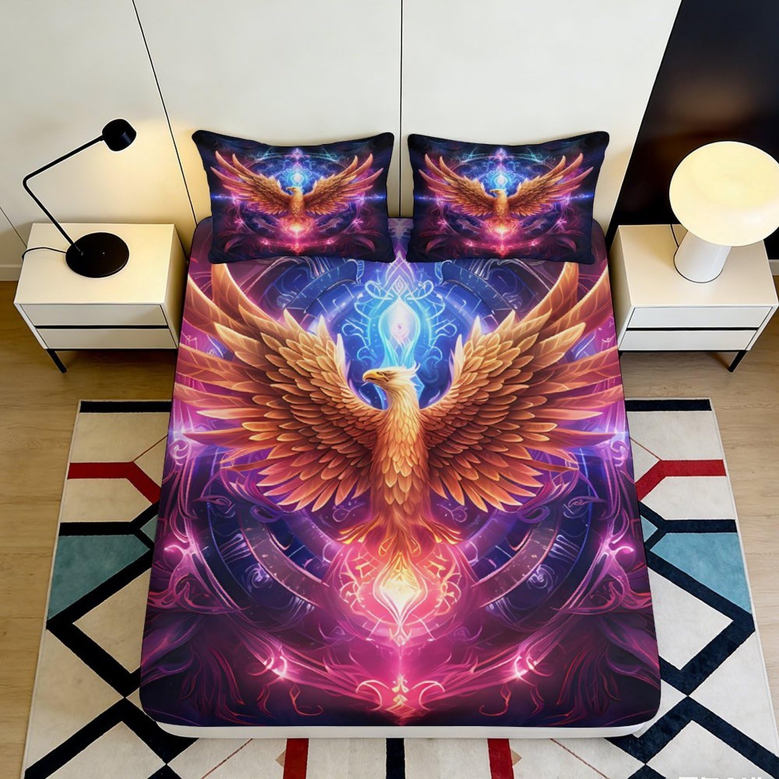 Pnayamiorkfel Style-2 3D Printed Fire Phoenix Fitted Sheet Microfiber Vibrant Fantasy Magic Bed Cover For Bedroom Dorm Protective Decor 90X200x25cm