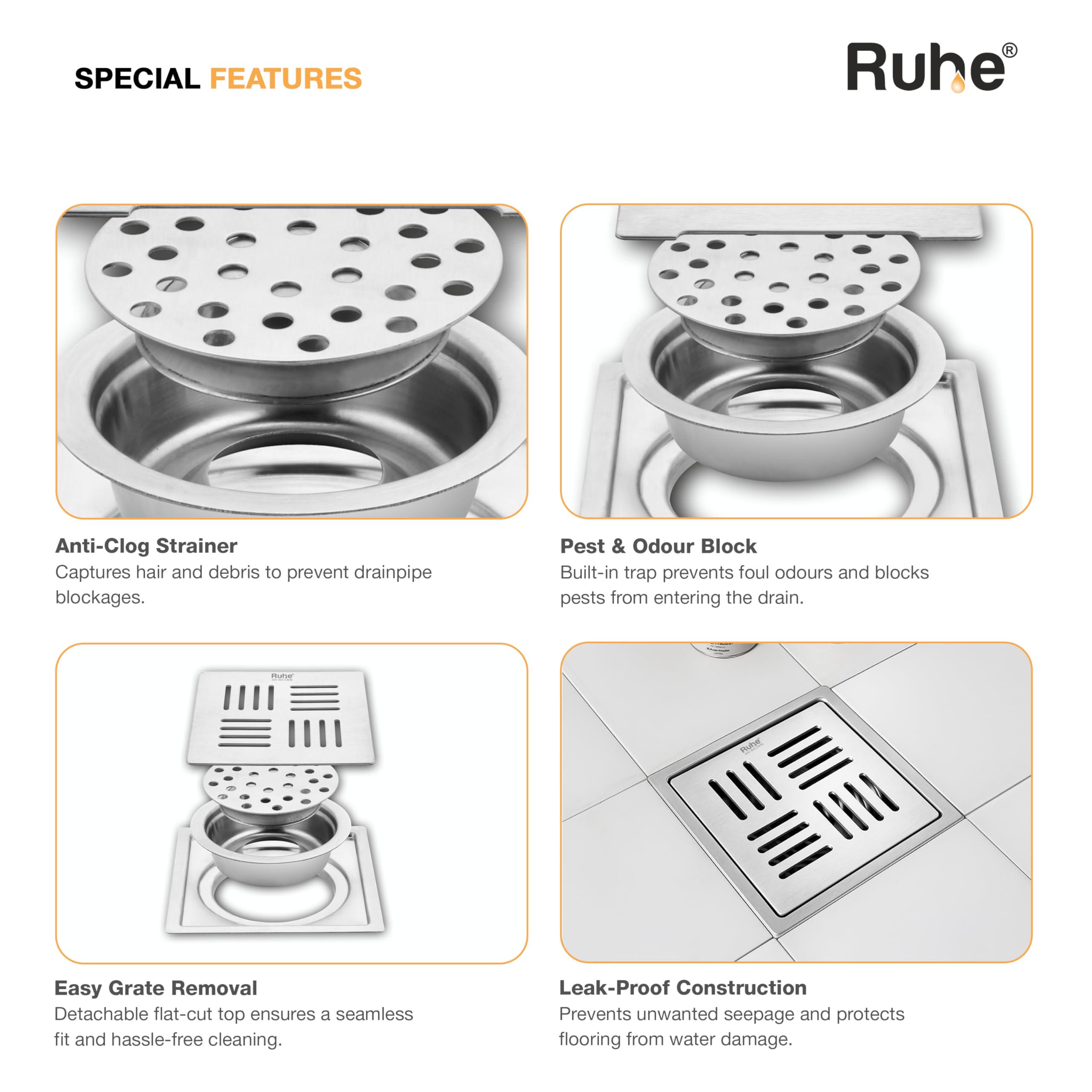 Ruheยฎ Ruby Exclusive Square Flat Cut Floor Drain with Cockroach Trap for Bathroom, Balcony, Home | 304-Stainless Steel Floor Drain | 5 x 5 inches 2