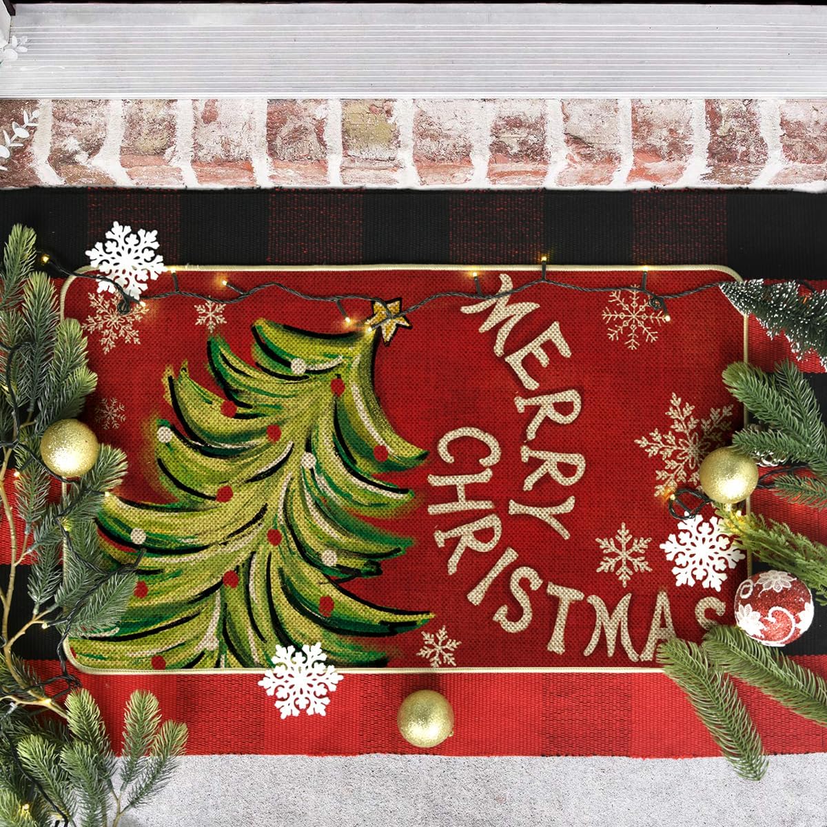 Artoid Mode Xmas Tree Merry Christmas Doormat, Snowflake Winter Home Decor Low-Profile Switch Rug Door Mat Floor Mat for Indoor Outdoor 17x29 Inch