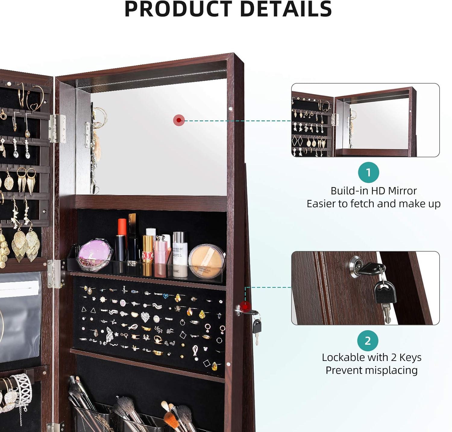 YITAHOME 360° Rotating Jewelry Cabinet Armoire 3-in-1 Jewelry Organizer Free Standing with Higher Full Length Mirror,Inside Makeup Mirror,Rear Storage Shelves, Walnut : Clothing, Shoes & Jewelry