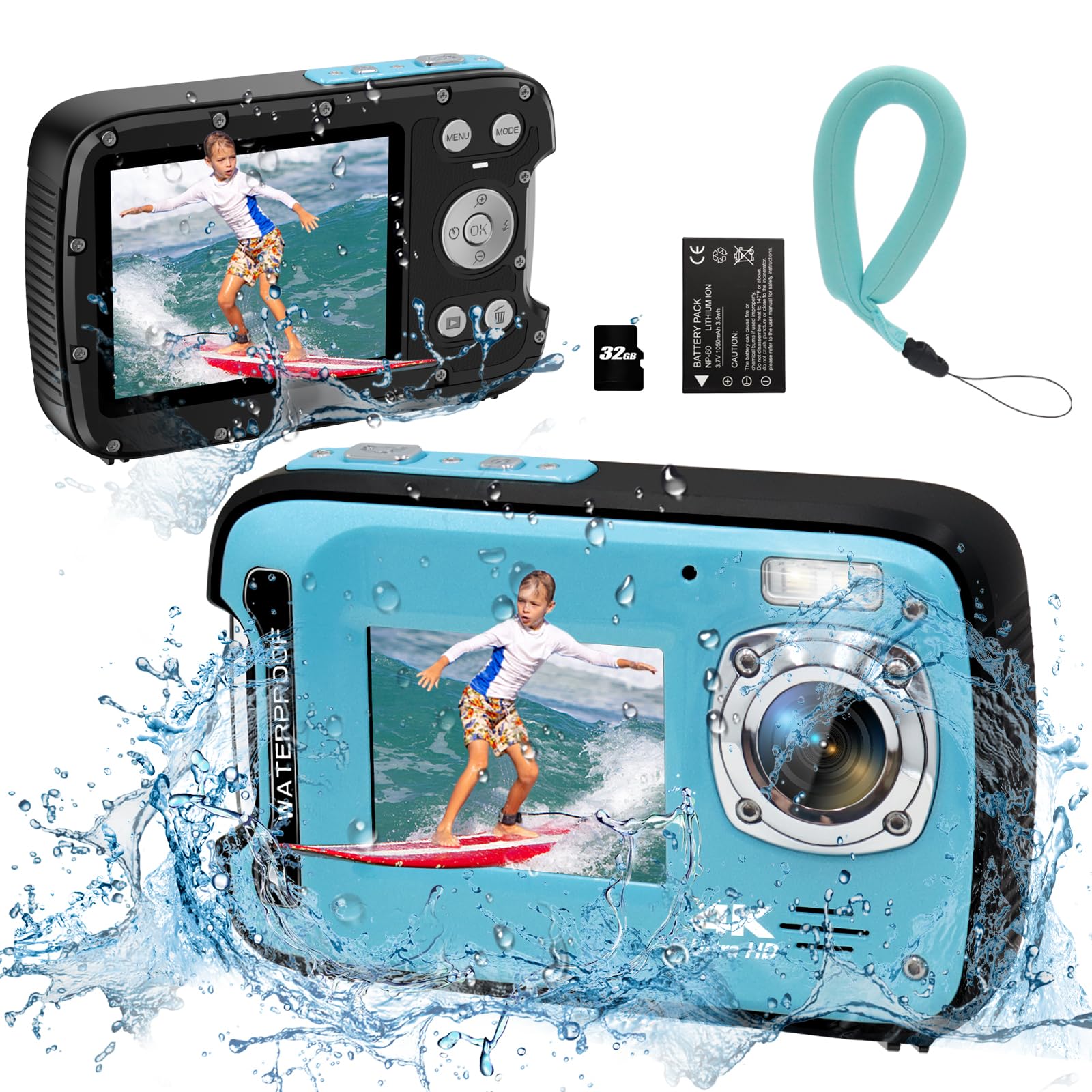Underwater Camera 4K 48MP Autofocus Selfie Dual Screen Waterproof Camera with Floating Strap and 32GB Card, 17FT Compact Waterproof Digital Camera, Fill Light Underwater Camera for Snorkeling