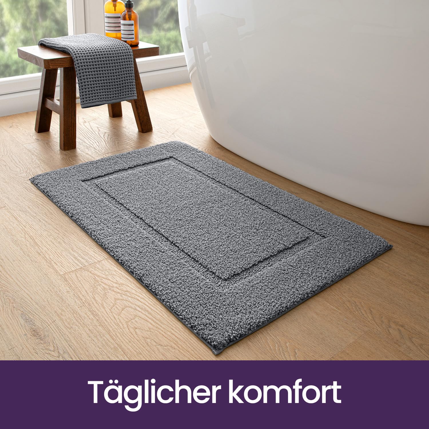 DEXI Badezimmerteppich 60 x 150 cm, Badteppich rutschfest Waschbar, weicher Badematte, Mikrofaser Absorbent Badvorleger, Badematten für Badewanne, Duschraum und Badezimmer, Grau