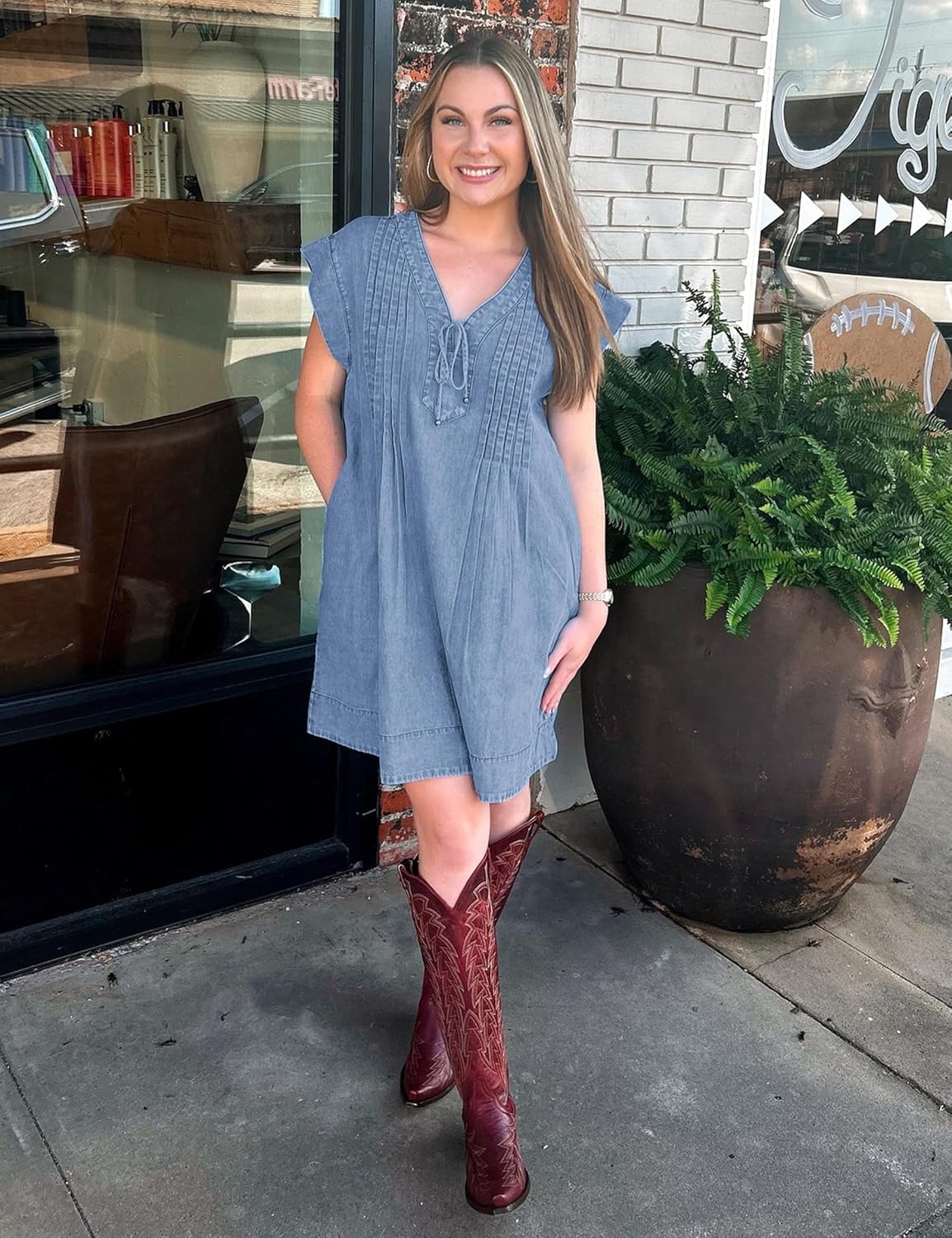 Denim Dress for Women,V Neck Jean Dresses Short Sleeves Denim Romper Dress with Pockets - Image 6