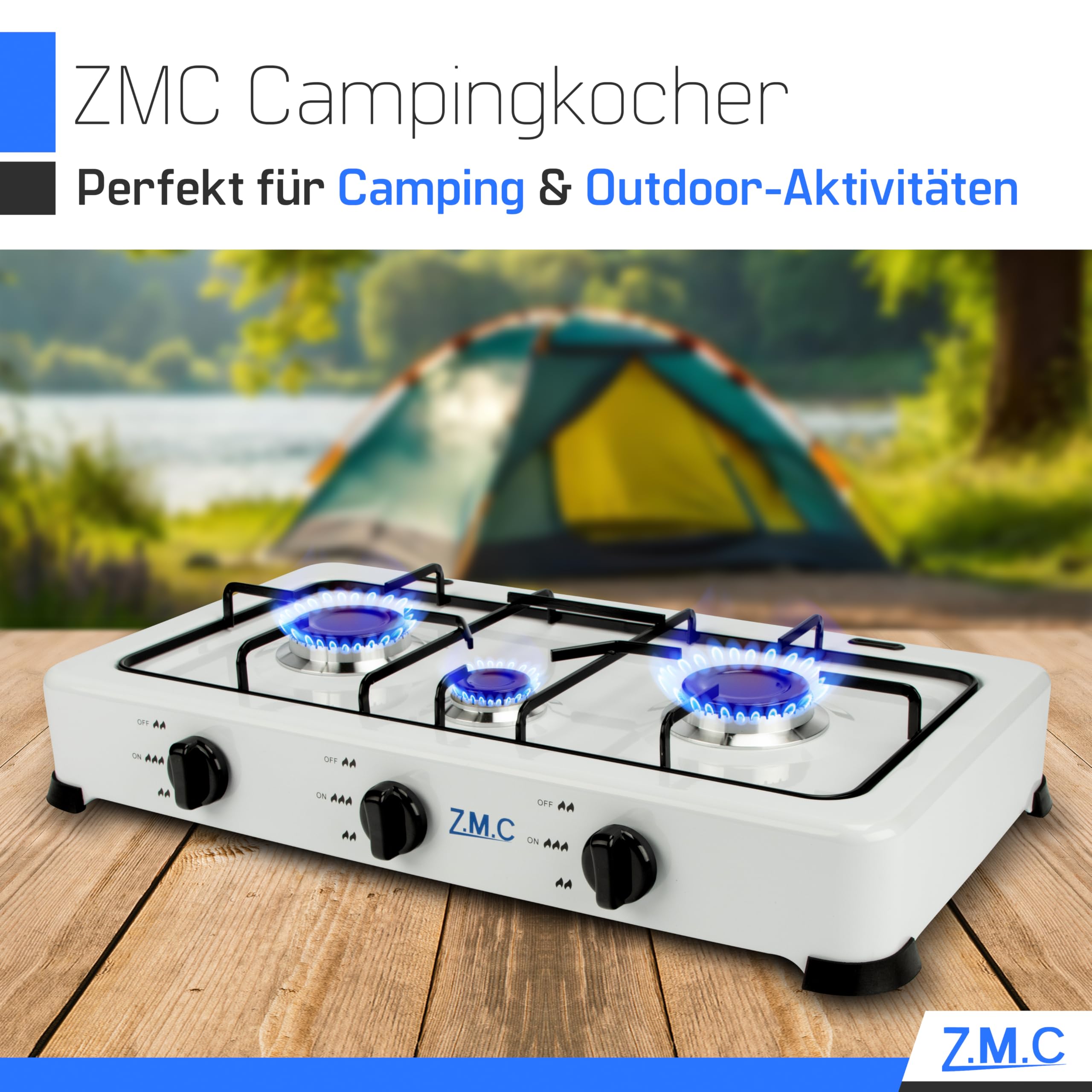 Z.M.C Kempingowa kuchenka gazowa z trzema palnikami, w zestawie wąż + regulator, gaz LPG, zoptymalizowany / dwa palniki każdy po 2,2 kW oraz palnik 1,0 kW, zużycie 393 g/h, 2 stopnie zużycia