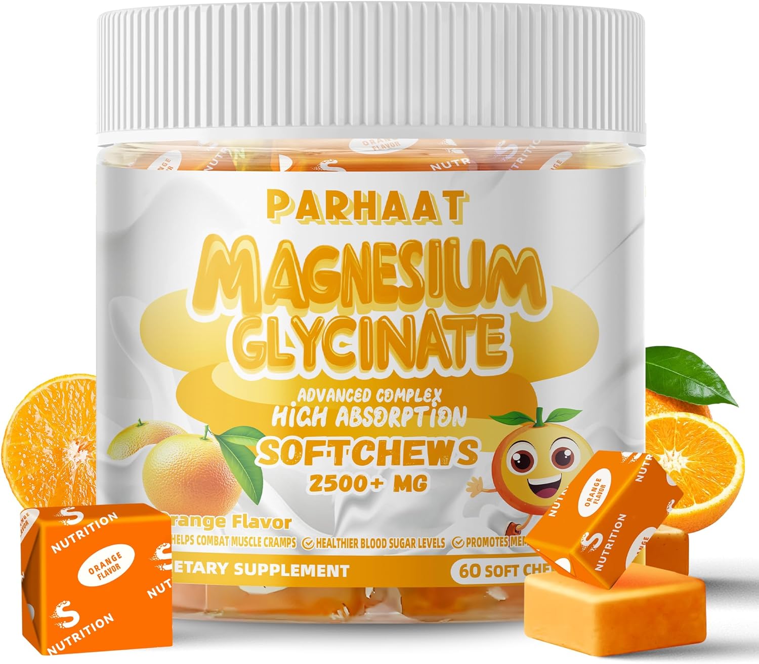 Magnesium Glycinate Soft Chews, Orange Flavor.Chewable Sugar Free Potassium Magnesium Chews with Magnesium Glycinate, Vitamin D, B6, and CoQ10 for Calm Support & Sleep for Adults, 60 Days Supply