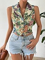 Vista 6 de WDIRARA Chaleco corto casual sin mangas con estampado floral y botones en la parte delantera