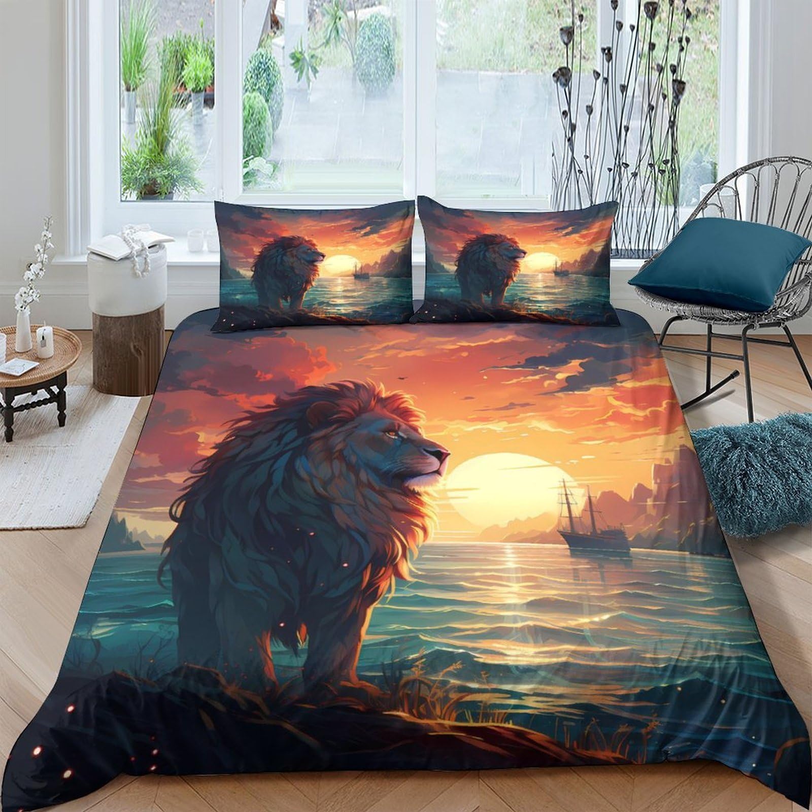 Ctjqhvkz Style-3 3D Printed Sunset Lion Fitted Sheet Microfiber Soft Bed Sheet Ocean Scenery Mattress Cover For Bedroom Decor Single（135X200cm）