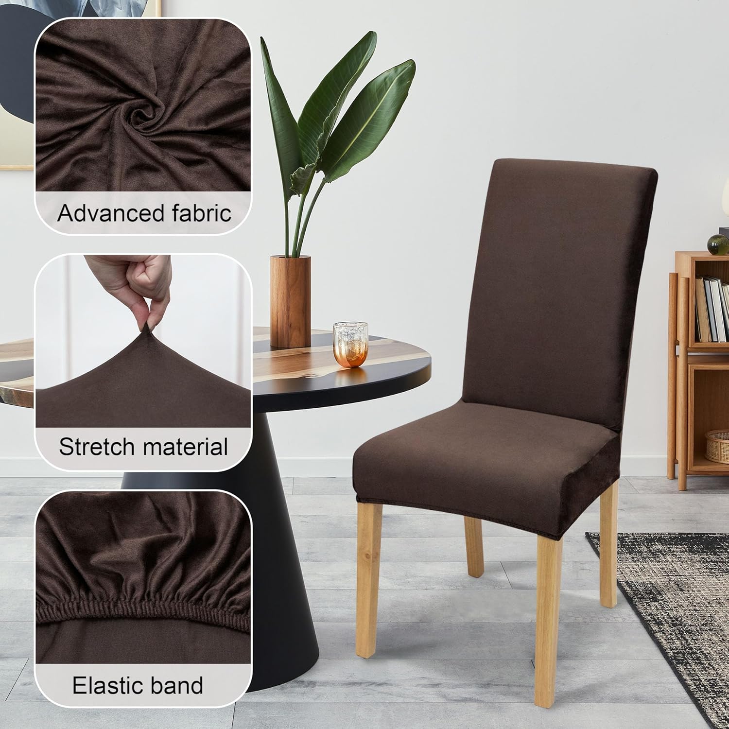 Velvet Dining Chair Covers,Dining Room Chair Covers Set of 4,Stretch Kitchen Chair Cover,Soft Washable Dining Chair Cover,Parsons Chair Slipcovers Protective,for Home,Restaurant,Banquet(Coffee)
