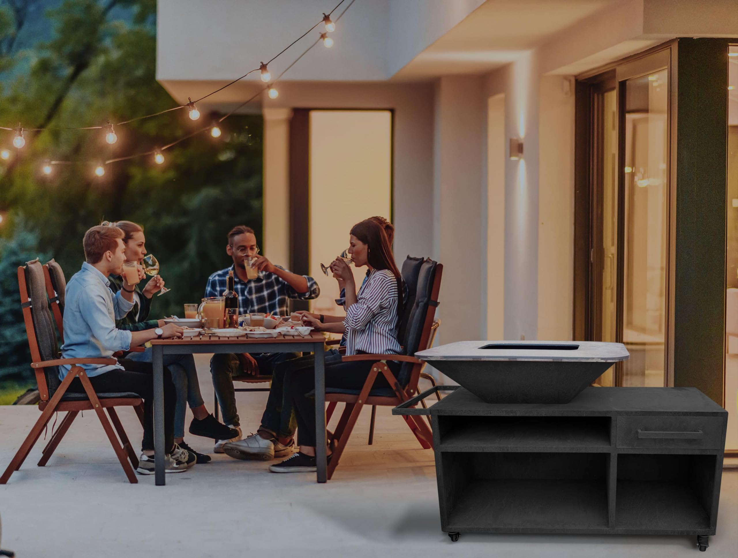 PURLINE | Barbecue avec armoire en acier, grande plaque de cuisson et gril - Grand barbecue d'extérieur avec rangement intégré et plaque de cuisson professionnelle en acier (Noir)