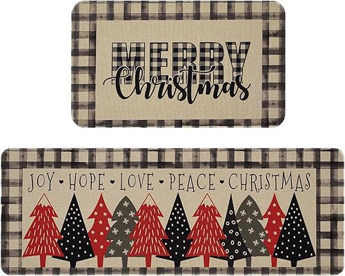 ASPMIZ Juego de 2 alfombras y tapetes de cocina de Feliz Navidad, tapetes de cocina vintage a cuadros de búfalo para piso, 2 piezas, alfombras de