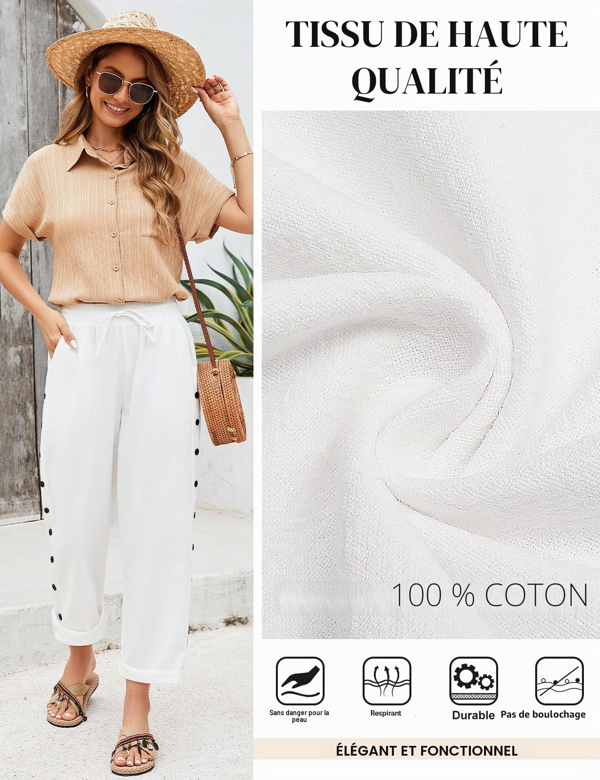 Yuson Girl Pantalon Femme Été Coton 7/8 Pantalons Taille Haute Elastique Décontractée Pantacourt à Boutons Décoratifs Léger Solide Couleur de Plage Large avec Poches