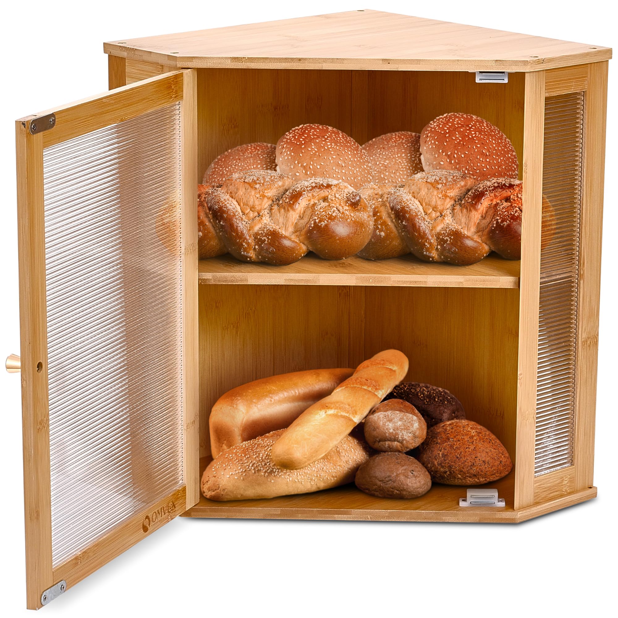 Corner Bread Box for Kitchen Counter – Double Layer Bamboo Bread Box Wood Cabinet with Acrylic Wavy Door Panel – Large Bread Box for Kitchen Countertop