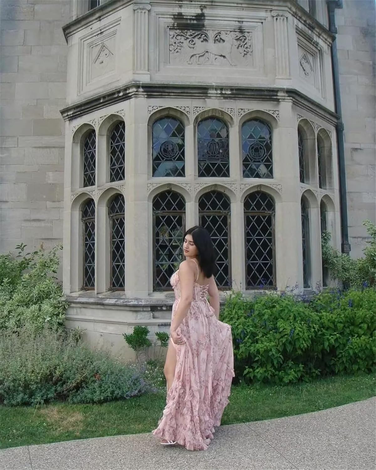 Chiffon Floral Print Bridesmaid Dresses for Women Long Spaghetti Straps V Neck Formal Evening Party Gown with Slit - Image 2