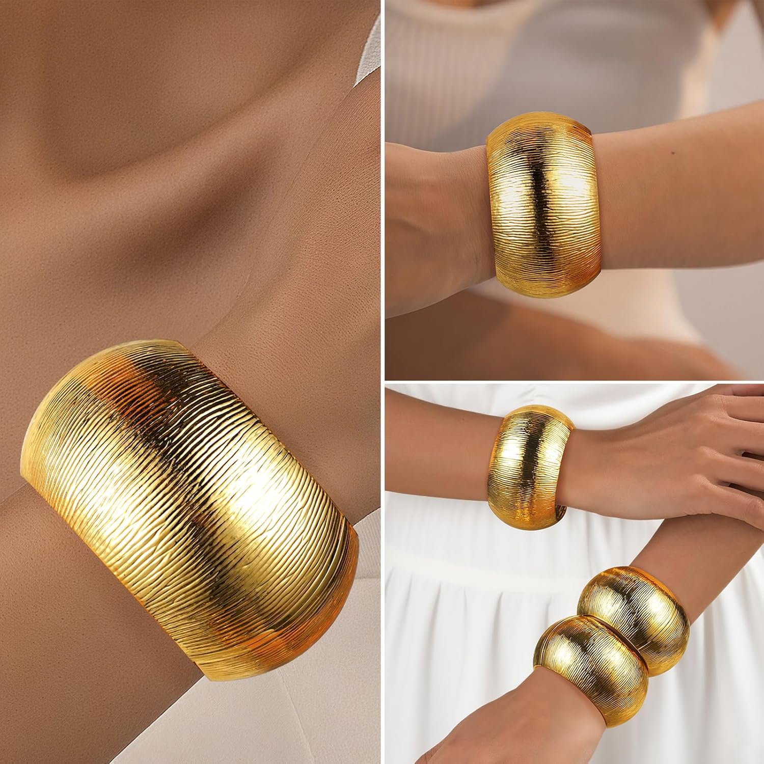 Fashion this season F&S Chunky Gold Plated Bangle Bracelets for Women, Chunky Thick Wide Cuff Stackable Statement Non-Tarnishing Bangle, Green Brown Flocked Bangle, Trendy Statement Cuff Bracelet Stack Fashion Jewelry Christmas Gifts - Image 5