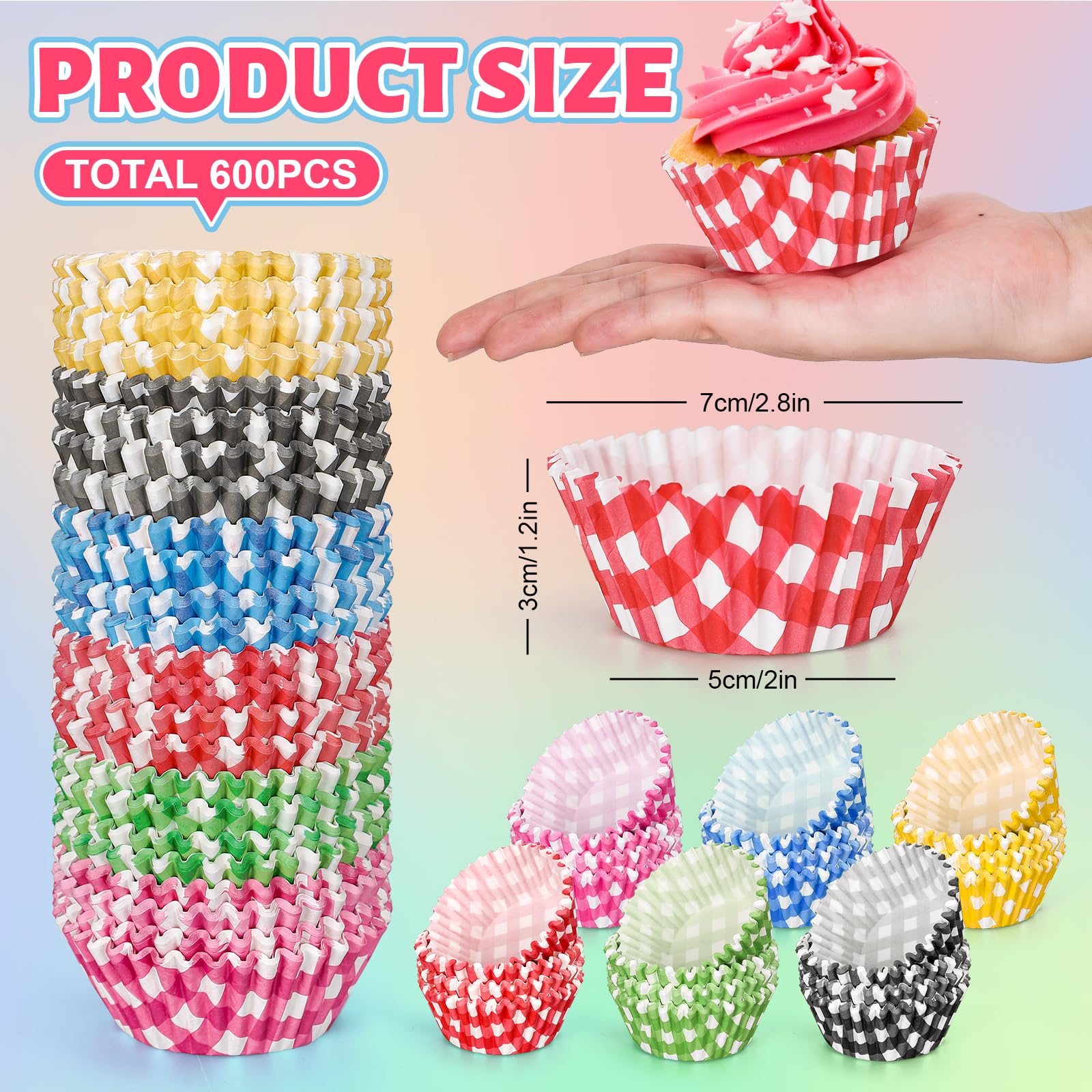 Whaline 600Pcs Buffalo Plaid Cupcake Liners Colorful Gingham Cupcake Wrappers Checkered Baking Cups Muffin Baking Liners for Baby Shower Bridal Shower Wedding Birthday Party Supply
