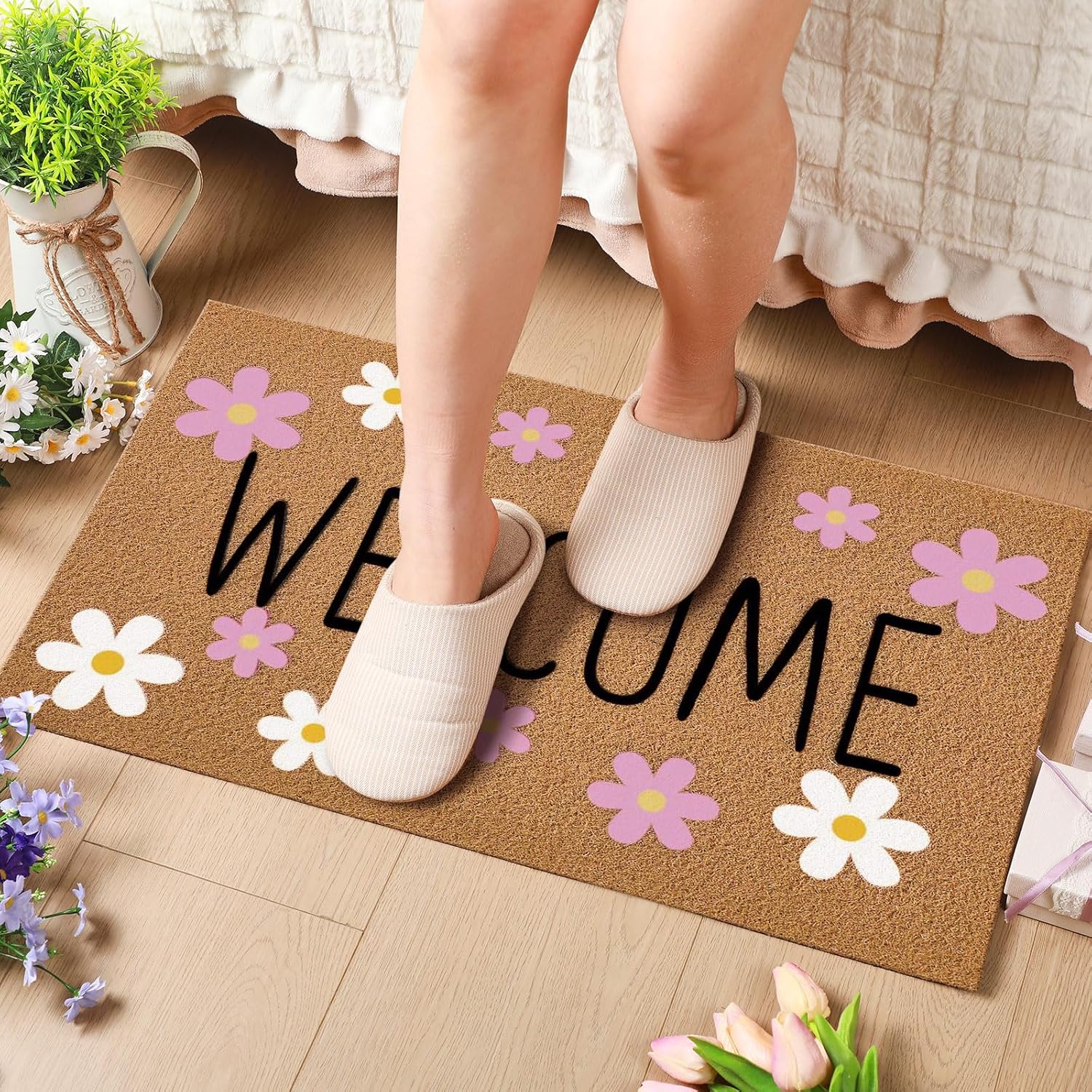 Duraaamo Spring Flower Coir Doormat Outdoor Daisy Welcome Mat Outdoor Non Slip Spring Door Mat for Entrance Home Front Porch Door 16 x 28 Inches Housewarming Gift Indoor Decor