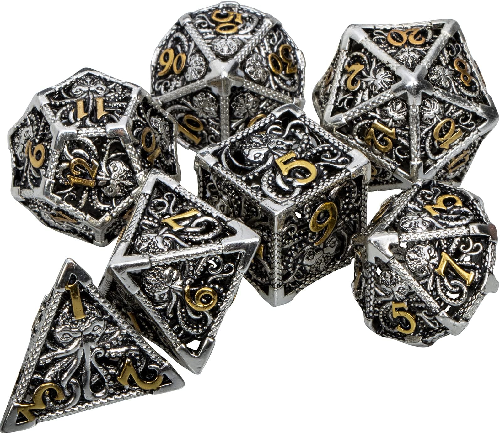 Metal DND Dice Set Mind Flayer Dice, Hollow Large D and D Dice for Dungeons and Dragons MTG Pathfinder RPG Board Games, Role Playing Dice 7pcs D&D Dice Set with Gift Box, D20 D12 D10 D8 D6 D4