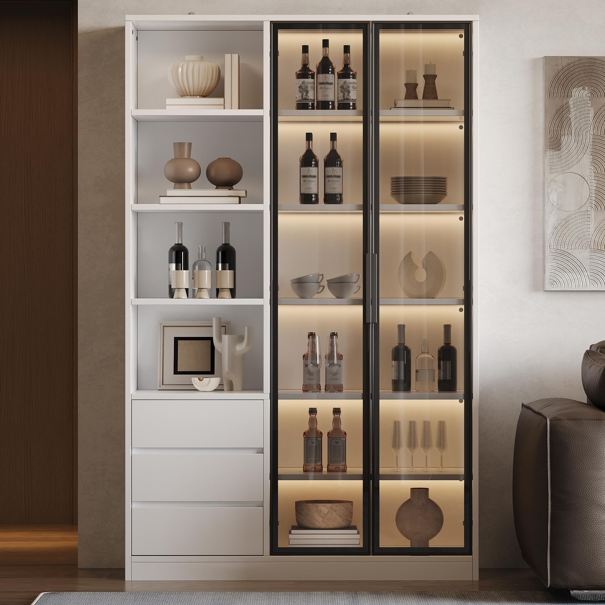 TIZZ Vetrina a 3 cassetti, 2 ante in vetro temperato destra, ripiano regolabile in altezza, design bianco, credenza, armadietto per sala da pranzo, soggiorno, armadietto per vino