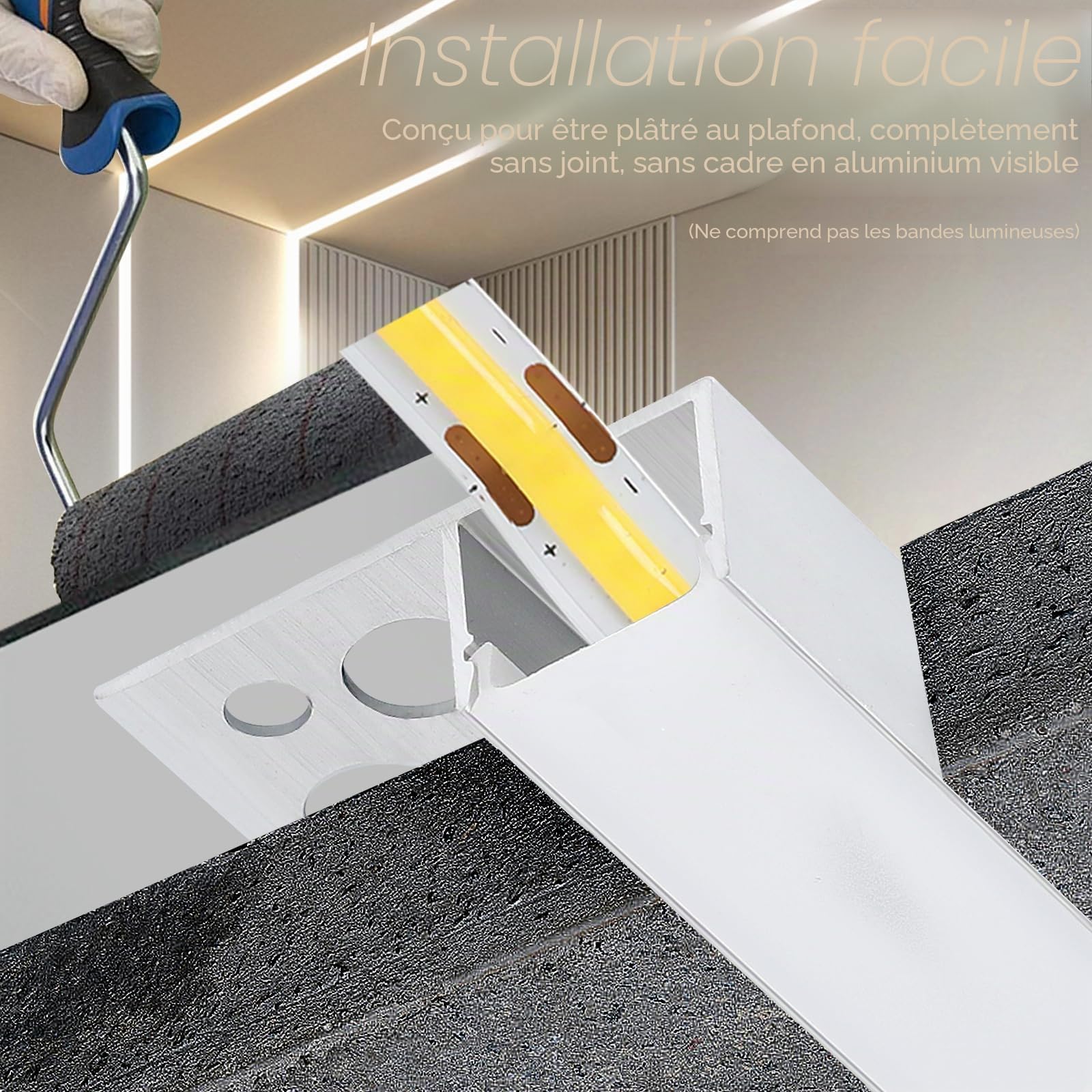 Profilé en aluminium pour panneaux de 1 m avec diffuseurs LED encastrés et couvercle blanc laiteux, 6 bandes de 1 m (B, pour bandes LED de 12 mm)