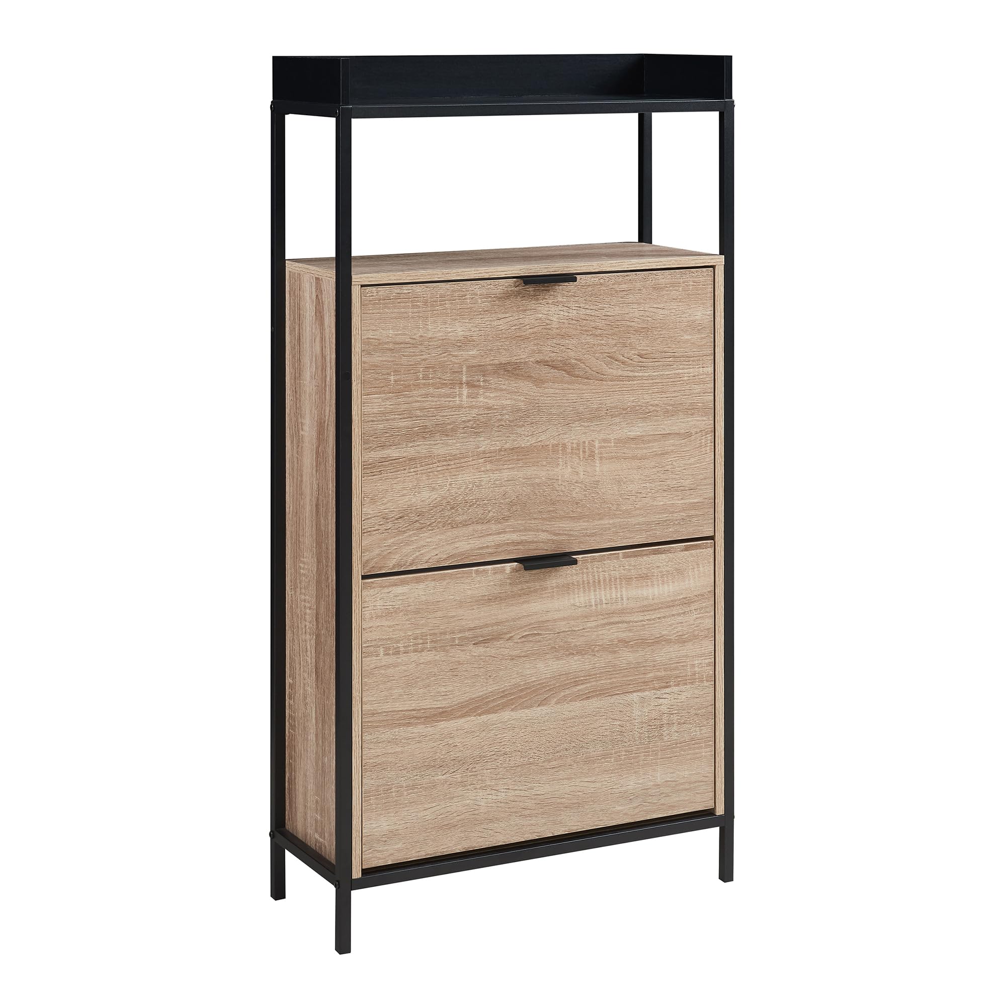 [en.casa] Zapatero Belana Mueble Recibidor con 2 Puertas Abatibles 1 Compartimento Abierto y Estante Superior con Borde para 8-12 Pares de Calzado 116 x 60 x 24 cm - Negro/Efecto Roble
