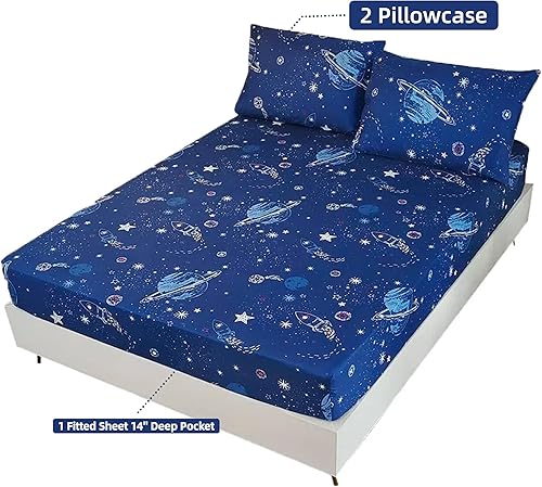 Miniatura 2 de MAG Juego de 3 piezas de ropa de cama, juego de sábanas con temática de espacio, galaxia, planetas, estrellas, tamaño queen, para niños,