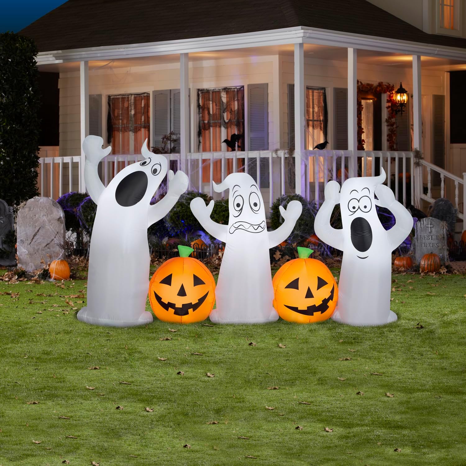 Gemmy 9 FT Wide Ghost Trio Halloween Inflatable Scene with Pumpkins – Lighted Airblown Blow Up Outdoor Yard Decoration