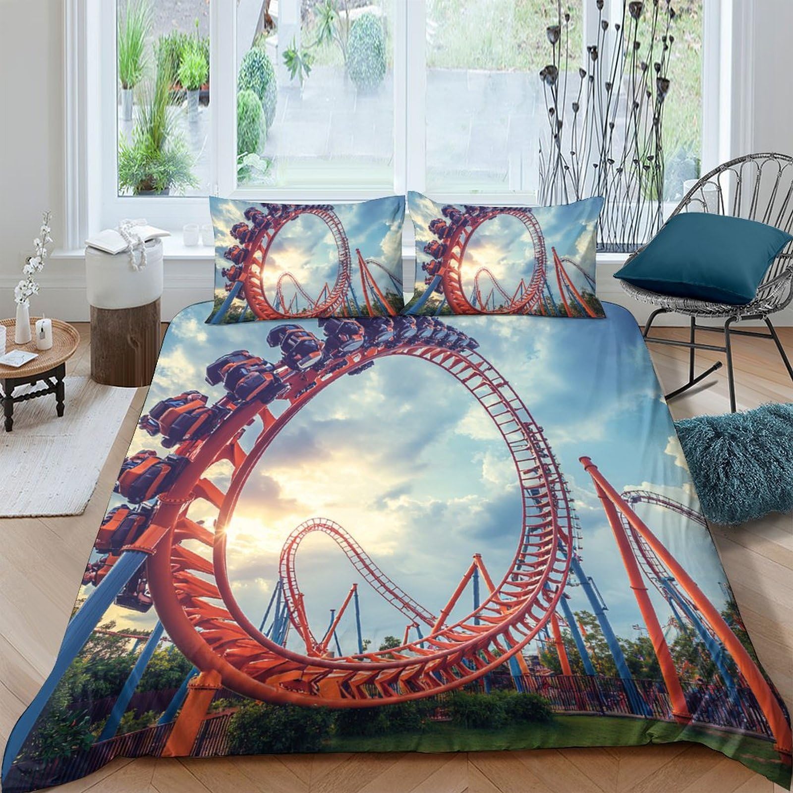 Ctjqhvkz Style-4 3D Printed Roller Coaster Fitted Sheet Microfiber Soft Breathable Amusement Park Bed Cover For Bedroom Dorm Décor Single（135X200cm）