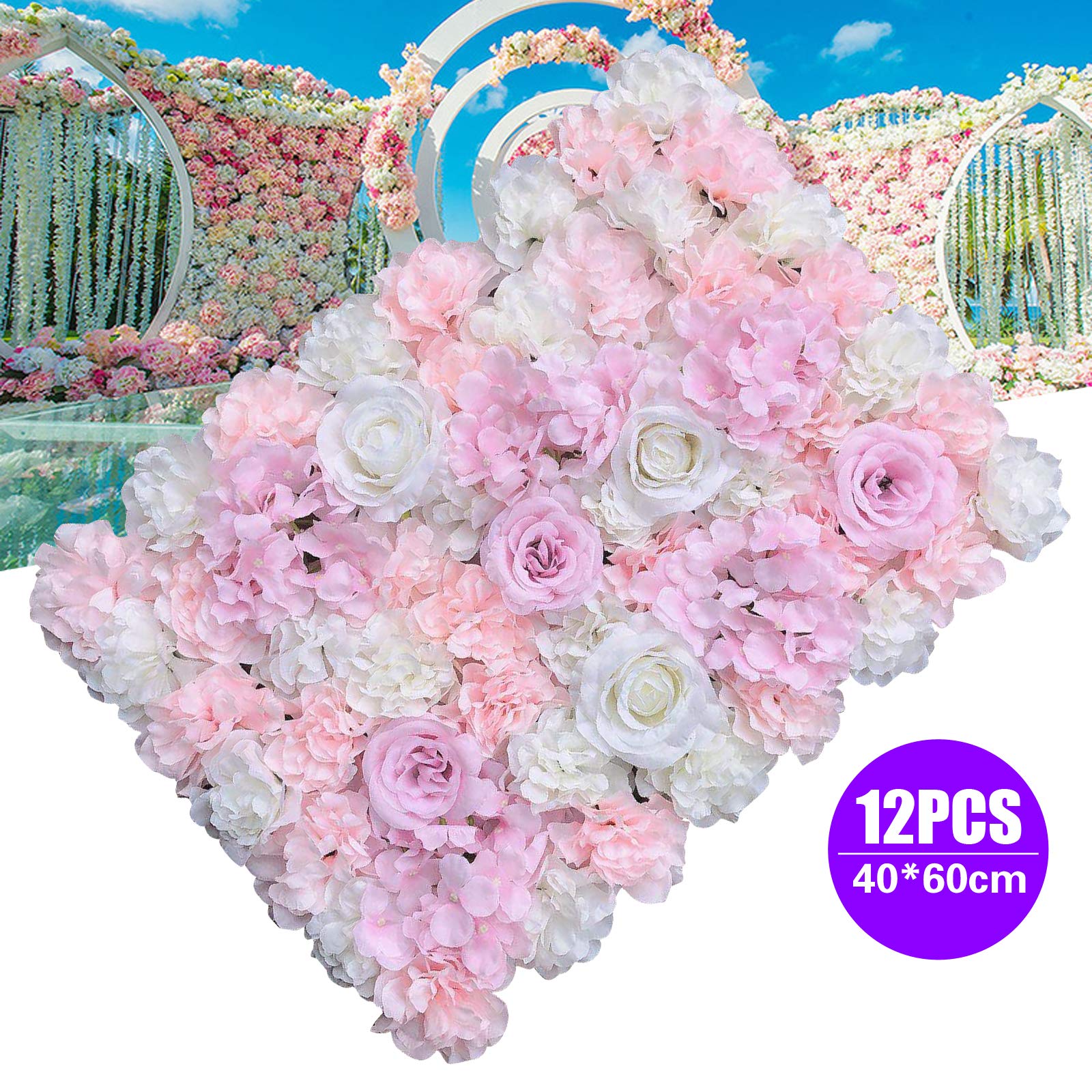 12 Stücke Künstliche Blumenwand Kunstblumen Panel für Garten Hochzeit Dekor 60 x 40cm Lila Weiß