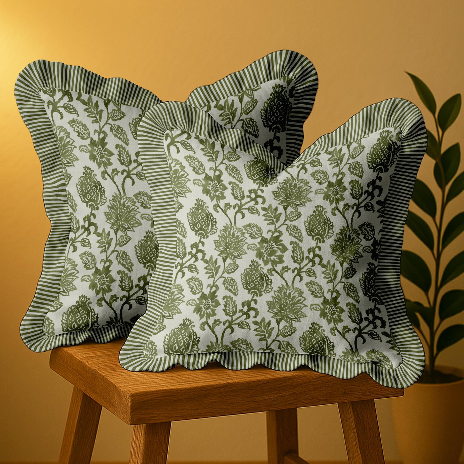 Vargottam Cotton Twill Frill Cushion Covers 18 Inch Square, Set of 2, Reversible Print, Farmhouse Throw Pillow Covers with Hidden Zipper - Floral Print