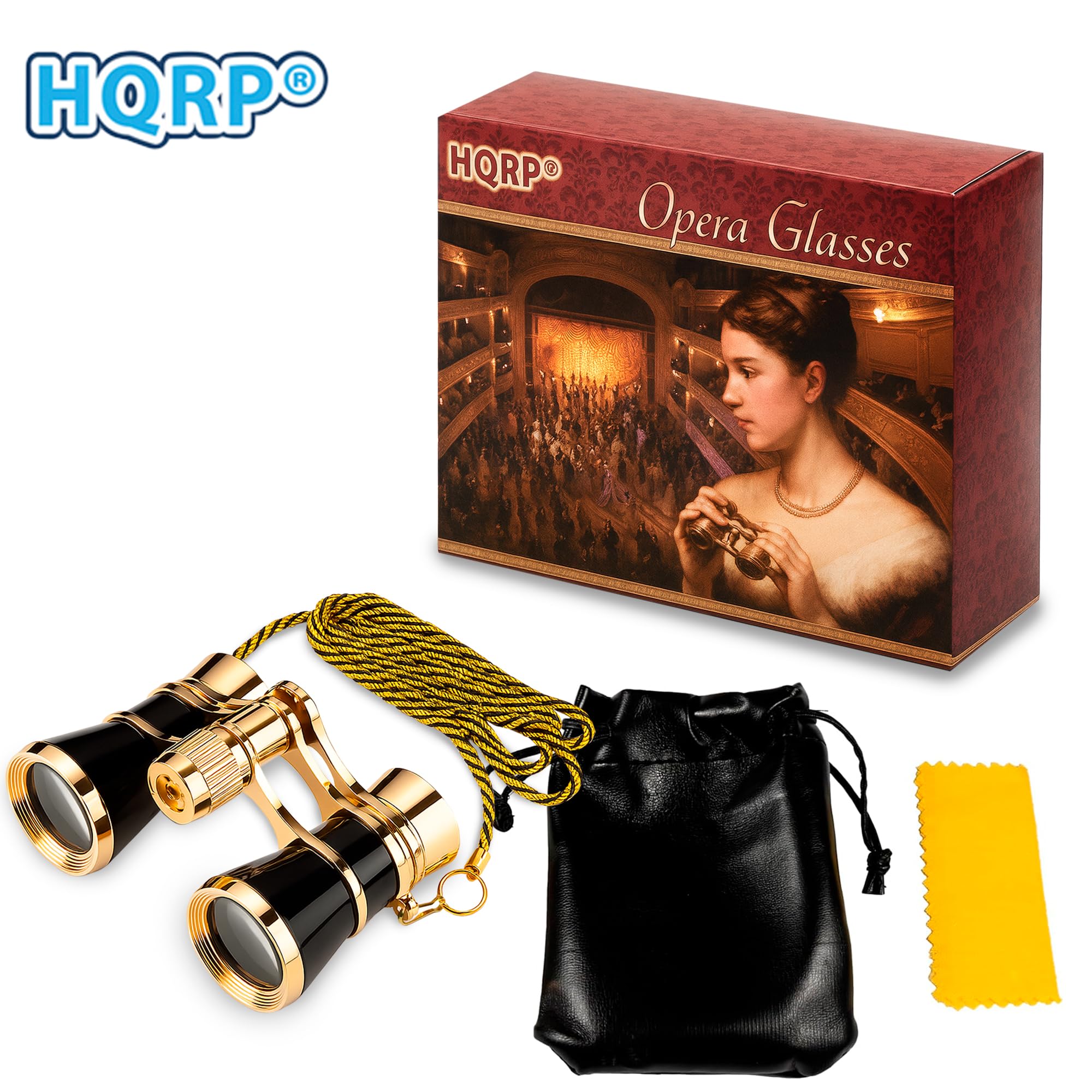 HQRP Jumelles de théâtre 3 x 25, avec optique cristalline (CCO), noir avec bordure dorée avec chaîne, pour adultes, enfants, femmes lors de concerts musicaux, événements sportifs, etc.