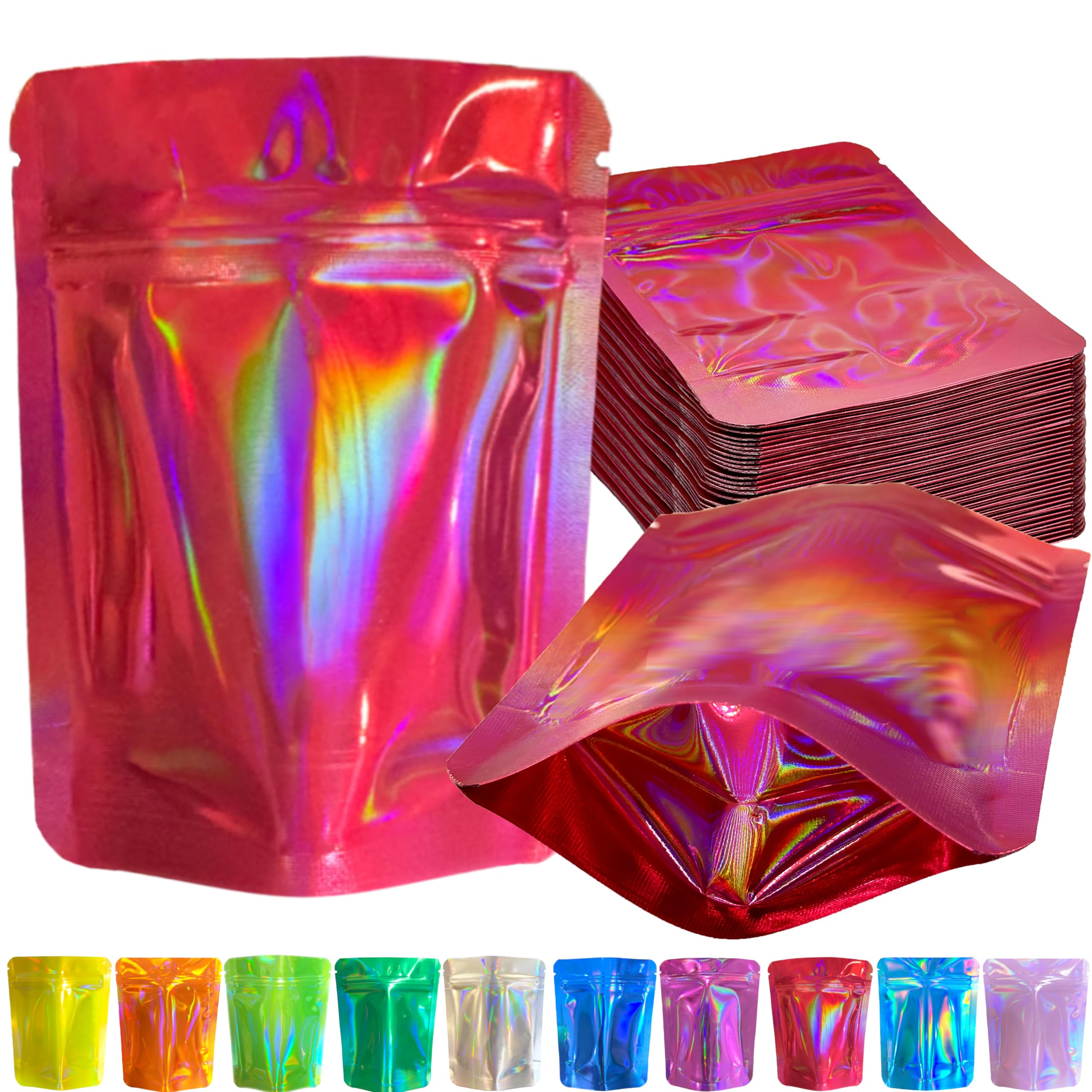 YINGZON 100 Pack Premium Smell Proof Mylar Bags, Resealable Food Storage Bags with Double-sided Holographic Printing, 4.7" x 3.5" Aluminum Foil