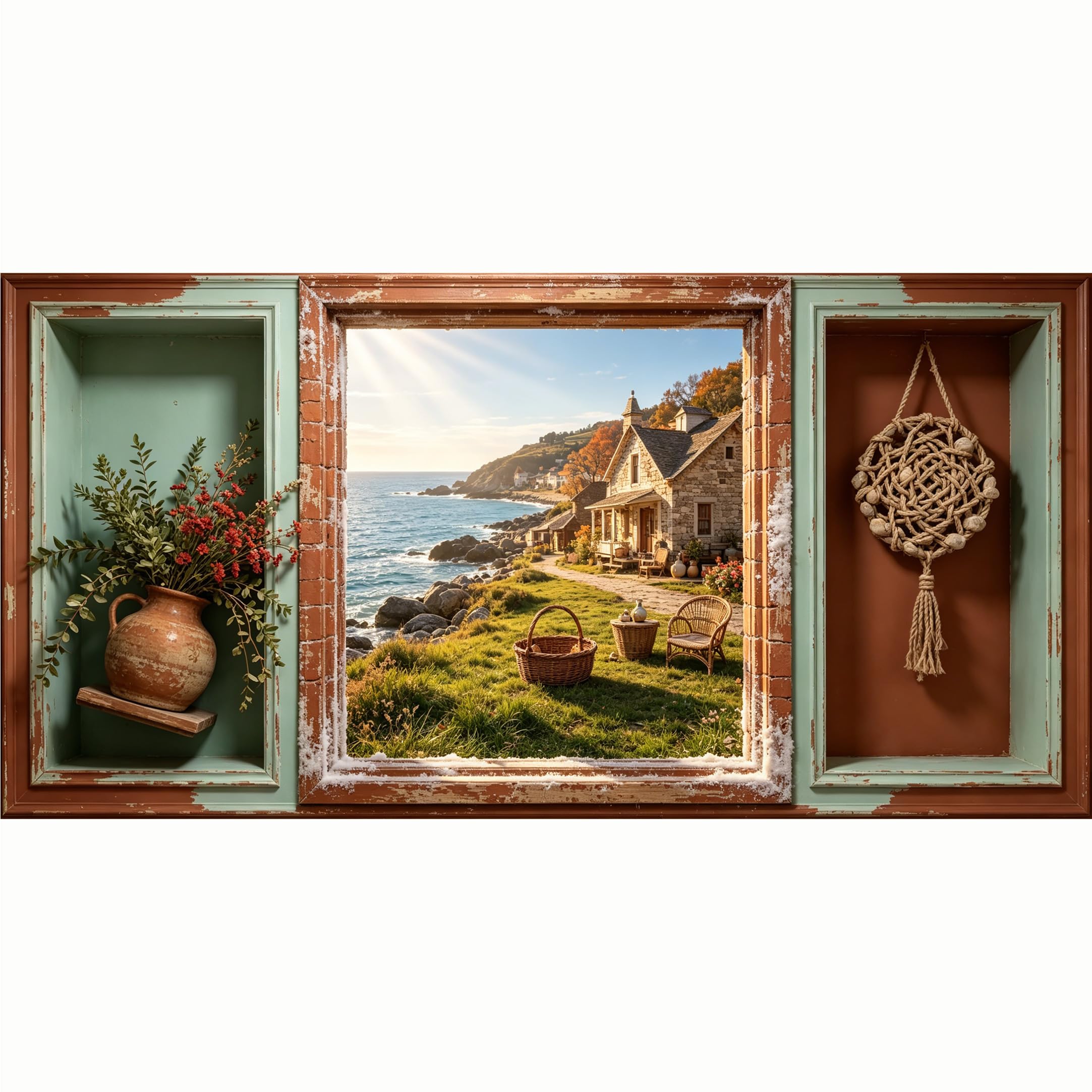 QZLITHOTIC 50x100cm 3D Framed Wall Art， Coastal Farmhouse Seaside Cottage Landscape Self‑Adhesive Mural， Water‑Activated Peel & Stick Fabric Decor Wall Decal for Bedroom Living Room