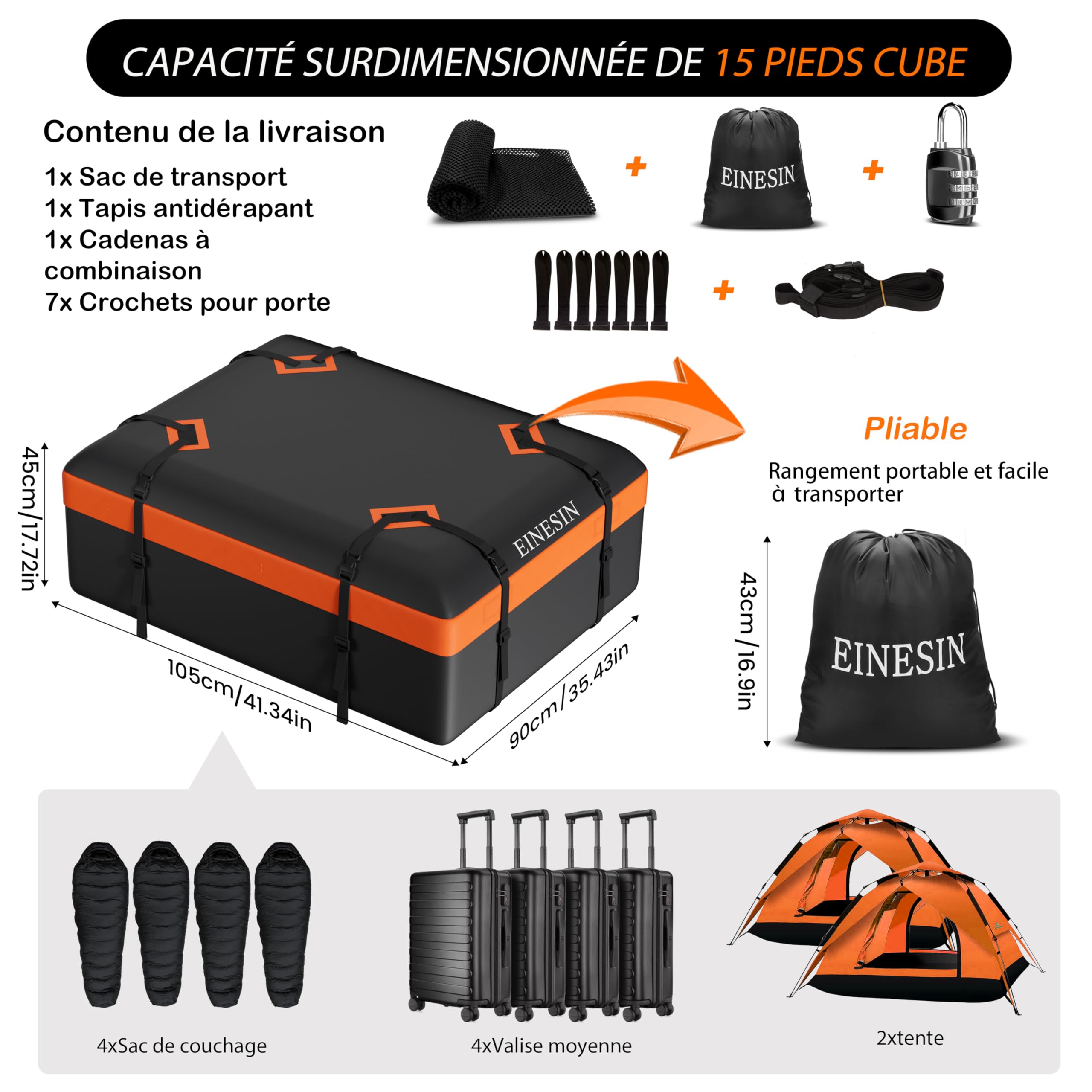 Einesin Coffre de Toit Voiture Étanche, Coffre de Toit Voiture étanche 1000D Oxford avec 10 Sangles et 7 Crochets pour Véhicules avec/sans Porte-Bagages Transport De Bagages (105x90x45cm)