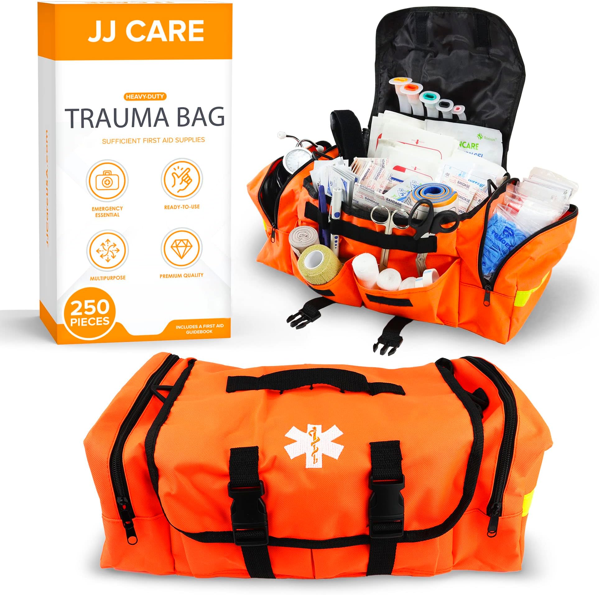 Trauma Bag 250PCS First Responder Kit, EMT Bag w/Padded Strap, Reflective Medical Bag Fully Stocked, Multiple Pockets EMS EMT Bags Fully Stocked, First Aid Trauma Bags Fully Stocked