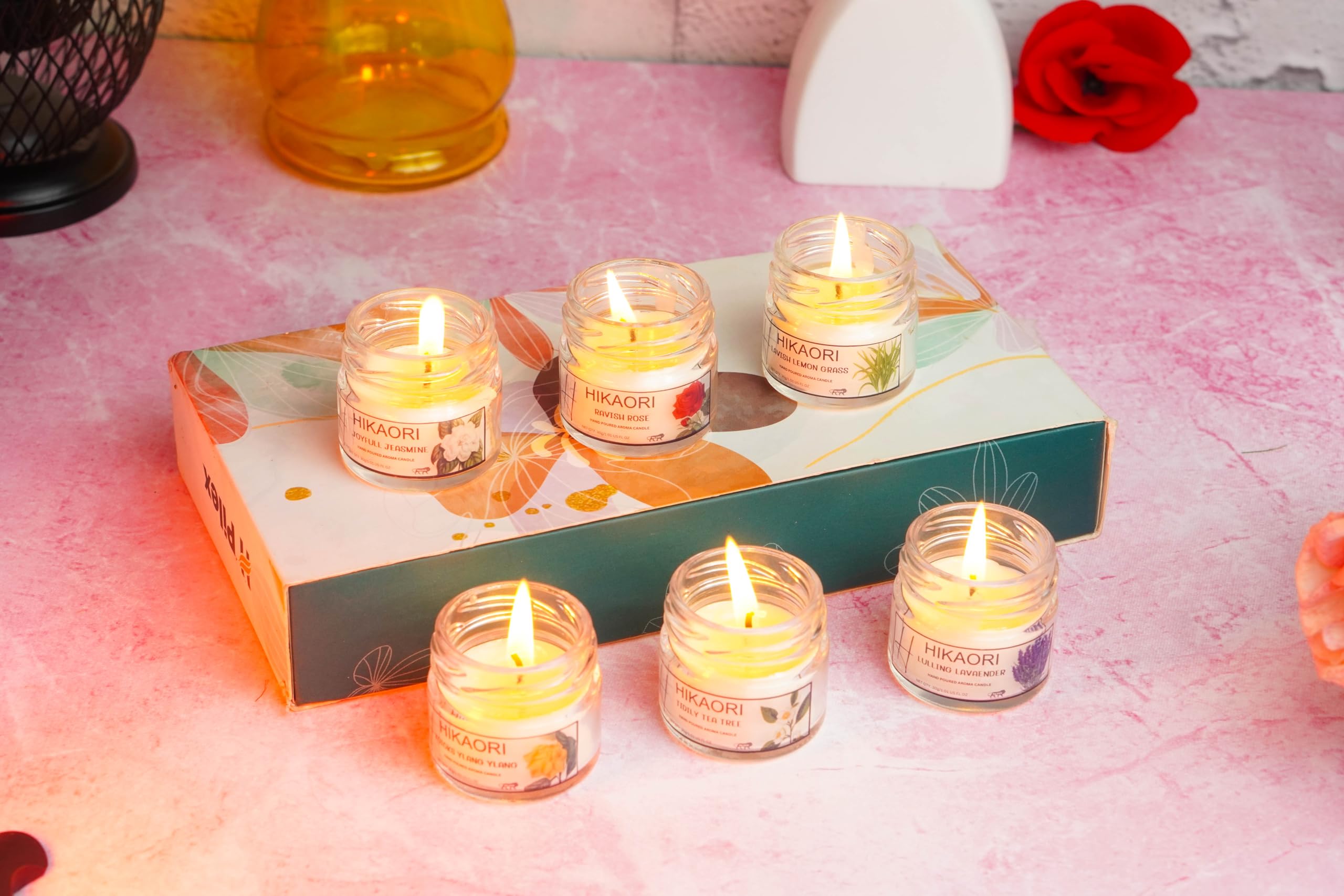 Hikaori Scented Candles Highly Fragranced Wax Candle Big Size for Home Decoration Aroma (100% Soy Wax)- Handcrafted| Aromatherapy Fragrance Pillar Candles (6 * 30gm) Long Burning Time Up to 8 Hours 4