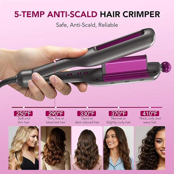 SKG Hair Crimper for Women, Beach Wave Hair Tool, Curling Wand with 4 Adjusted Curl Sizes (0.87/1/1.25/ 1.38), 5 Temp Adjustable PTC Anti-Scald with Ionic Ceramic Coating, Gift for Womens Birthday