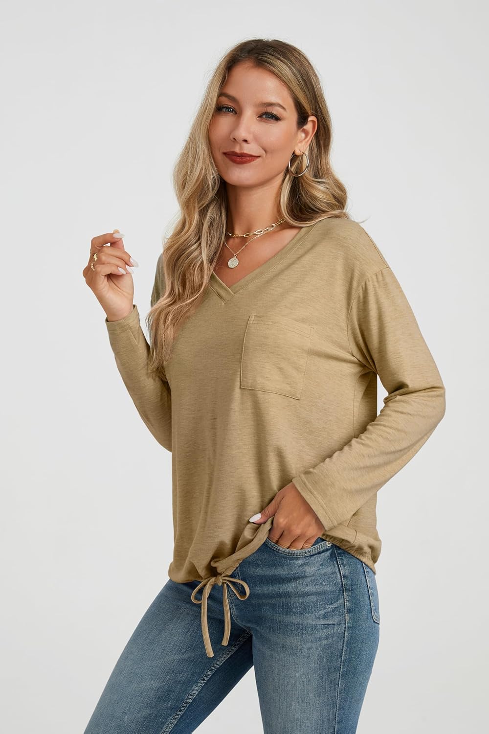 V Neck Long Sleeve T Shirts for Women Basic Drawstring Blouse Tees Elastic Hem Spring Fall Tunic Top 2026 Trendy - Image 5