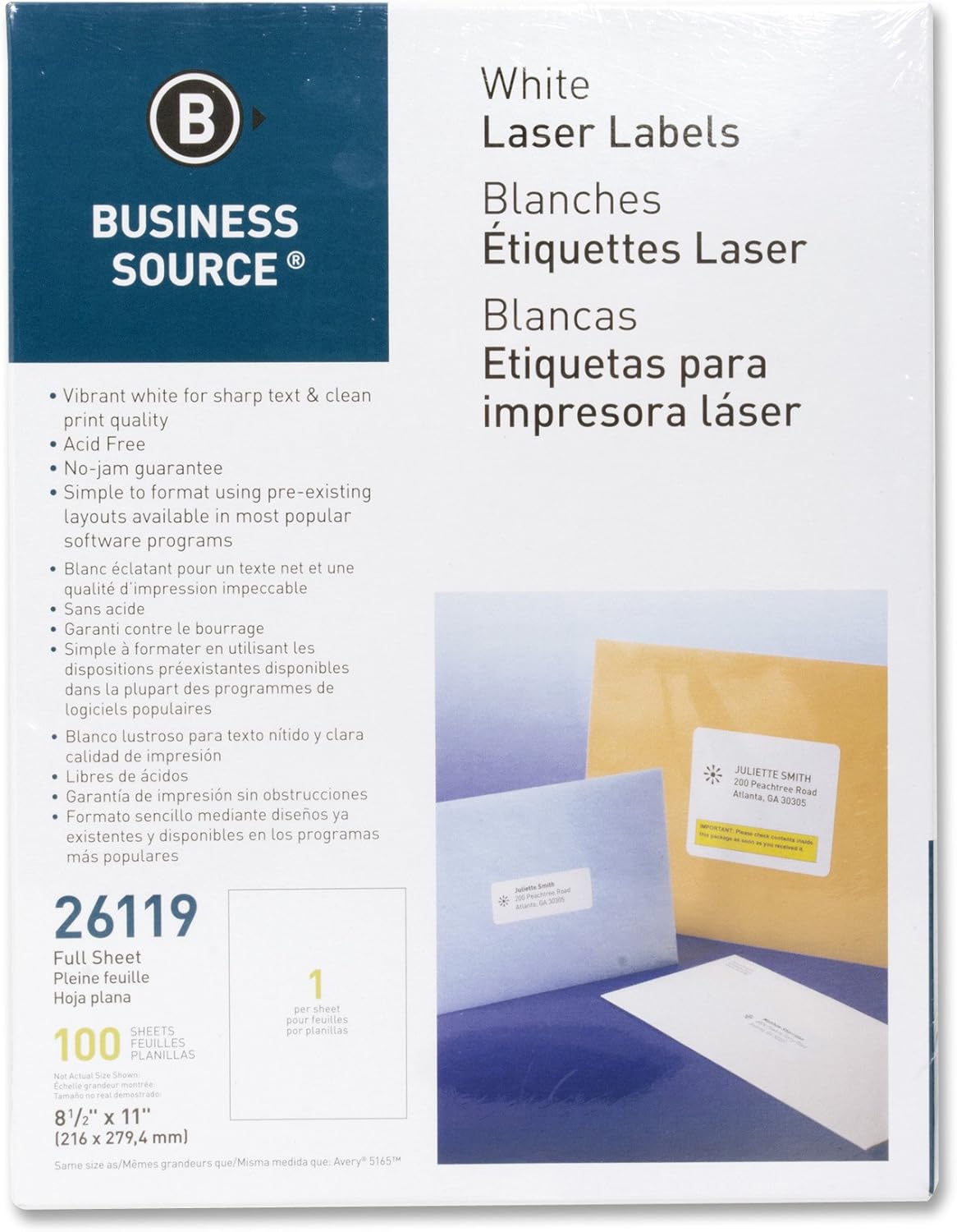 Business Source Laser Full Sheet Mailing Labels - Pack of 100