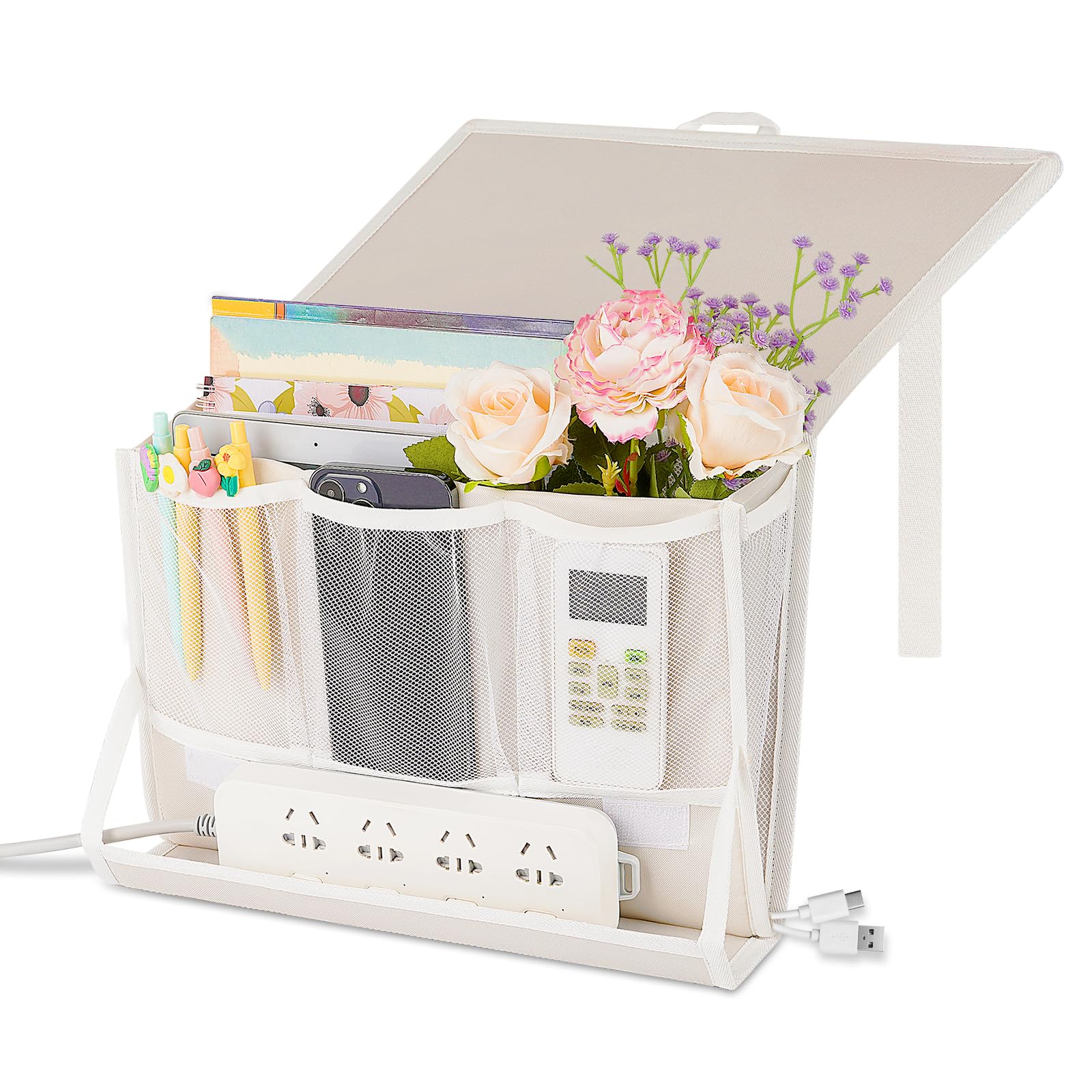 Retyion Bedside Caddy Bedside Storage Organizer Bedside Organizer with Power Strip Holder and 2 Adjustable Straps for Home Bunk Bed College Dorm Sofa
