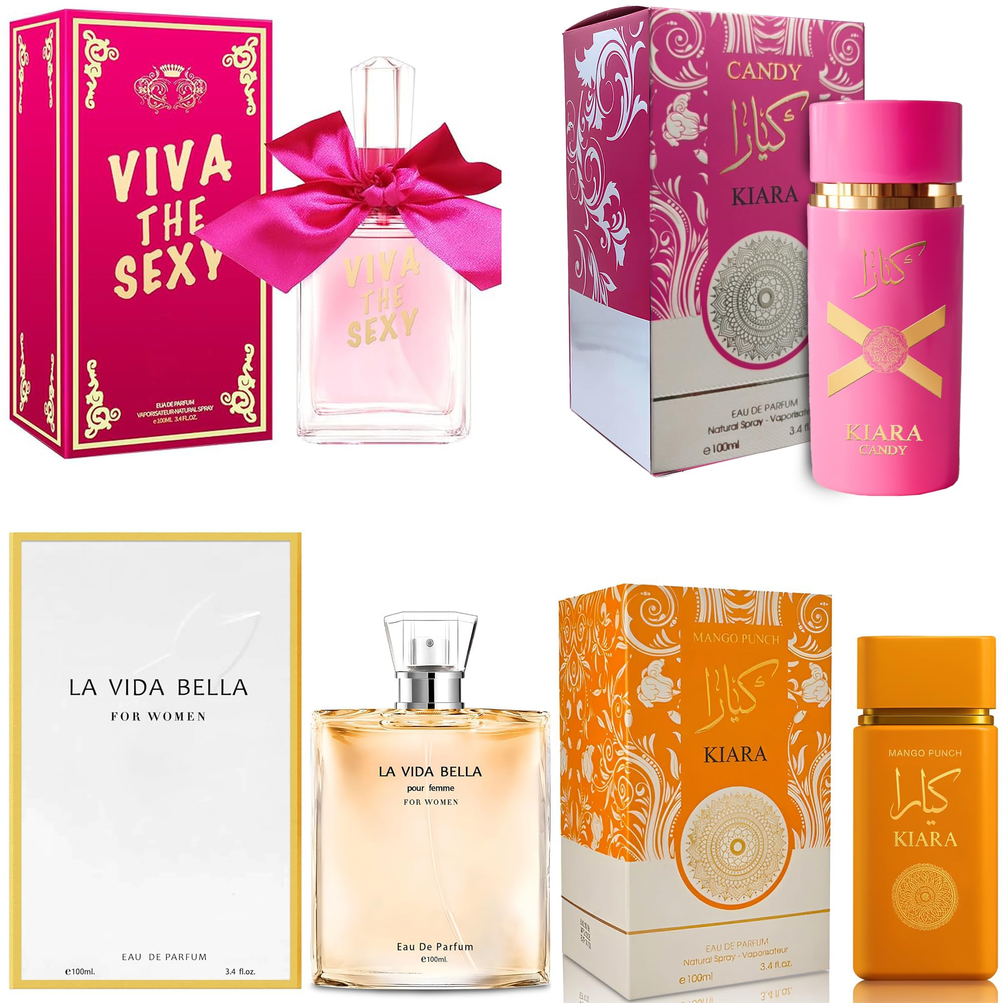 A CENTER Women's Perfume Set 4PCS Multi Scent Combo Long Lasting Fragrance Gift with Vanilla,Rose,Jasmine,Sandwood,Musk Eau De Parfume 3.4 Fl Oz Each(