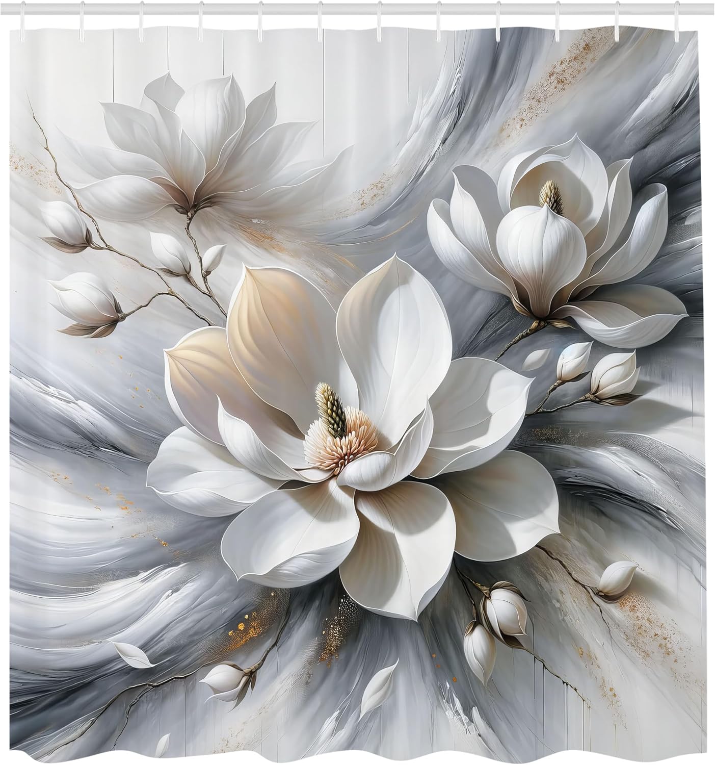 Ambesonne Grey Shower Curtain, Realistic Magnolia Flowers with Gentle Petals on Abstract Dreamy Clouds, Cloth Fabric Bathroom Decor Set with Hooks, 69" W x 84" L, Ecru Purpleblue Coconut
