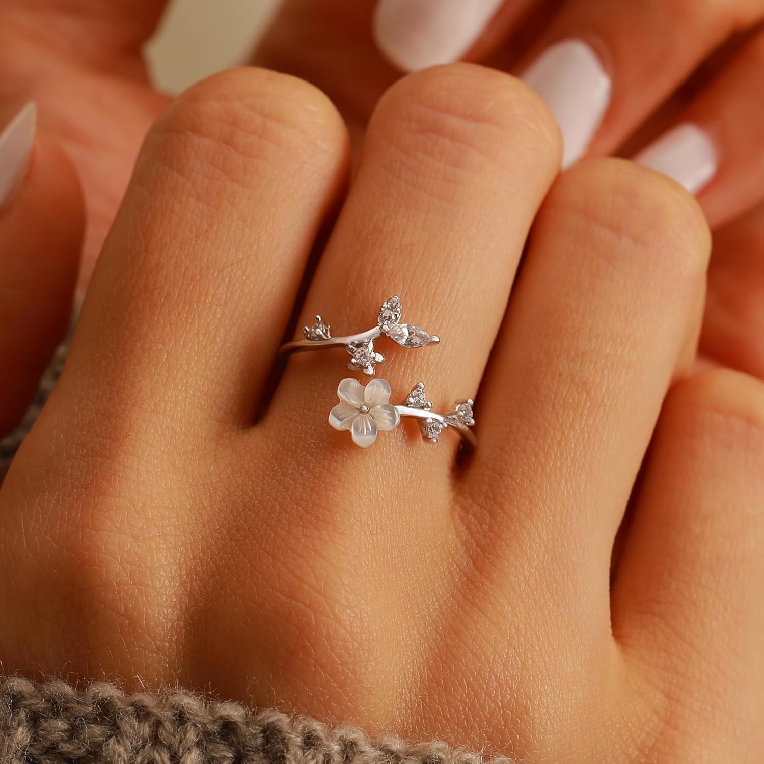 Dainty Flower Ring for Women 925 Sterling Silver Cute 14K Gold Plated Sparkling White Shell Cubic Zirconia Lucky Leaf Ring for Mom Statement Promise Fidget Ring Band Birth Valentine's Day Jewelry Gift - Image 3