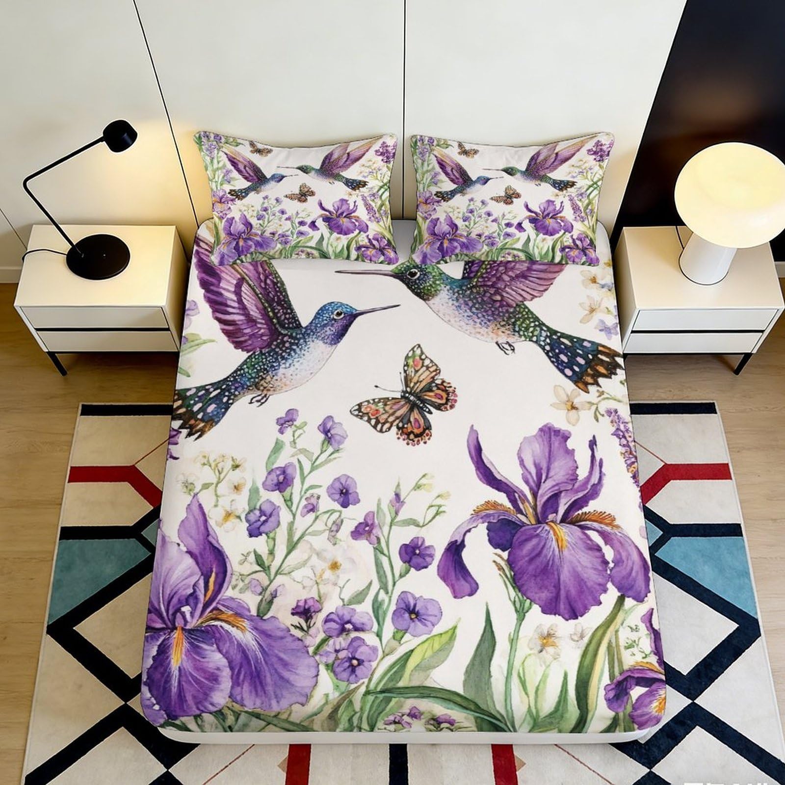 3D Printed Hummingbird Butterfly Fitted Sheet Microfiber Soft Violet Floral Bed Cover for Bedroom Guest Room Decor 120x200x25cm