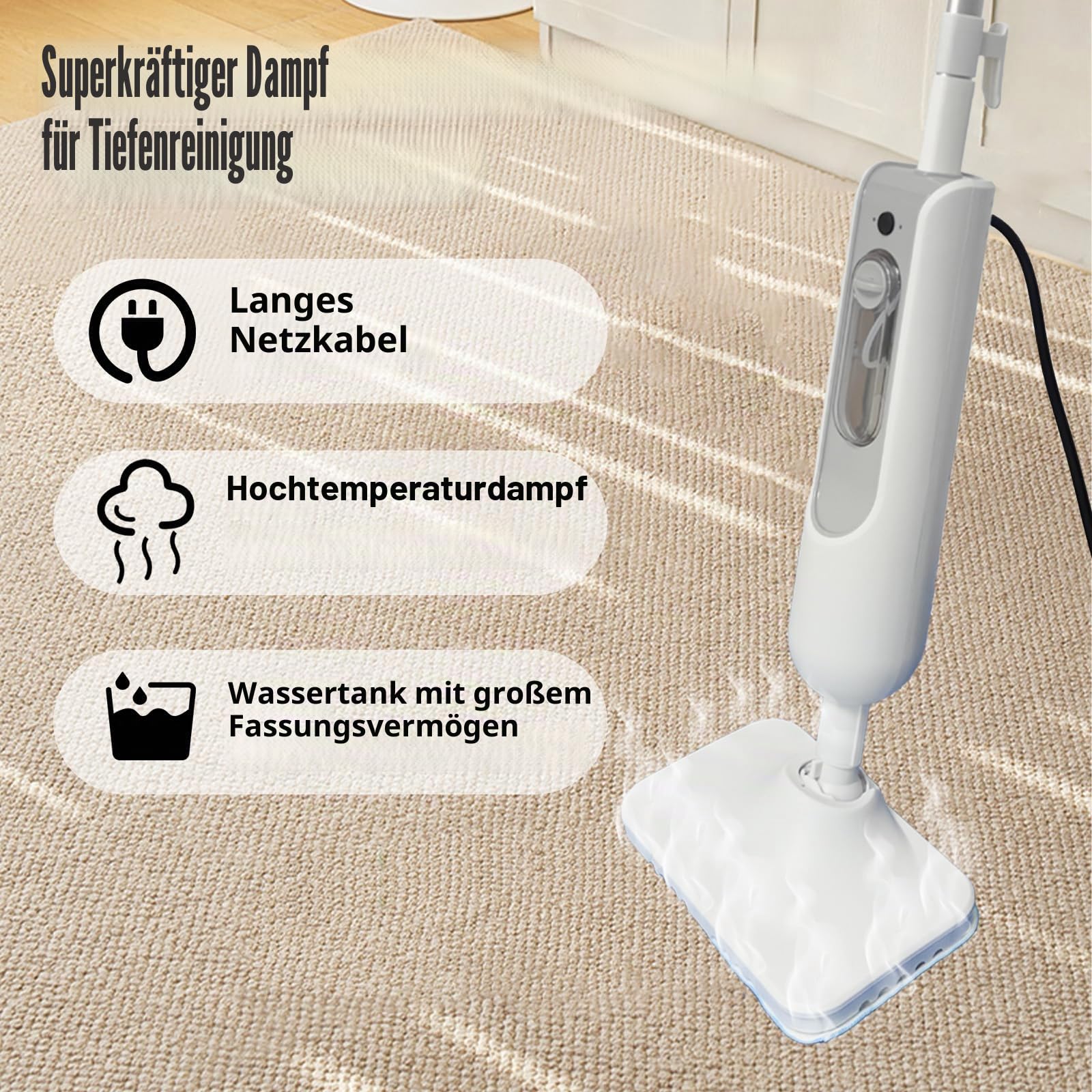 Rotierender Dampfreiniger Mop– Leistungsstarker Elektrischer Dampfbesen Reiniger mit verstellbarem Dampf, langem Kabel & großem Wassertank für alle Bodenbeläge