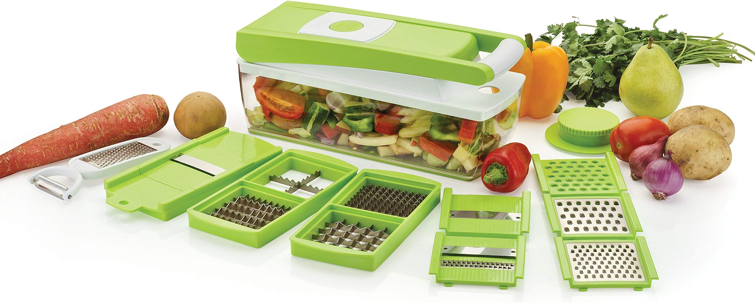 12 in 1 Multipurpose Chopper, Fruits & Vegetable Cutters, Grater Peeler Chipser, Unbreakable Food Grade Body, Easy Push to Clean Button Slicer Dicer, Chopper for Kitchen (Green, Plastic)