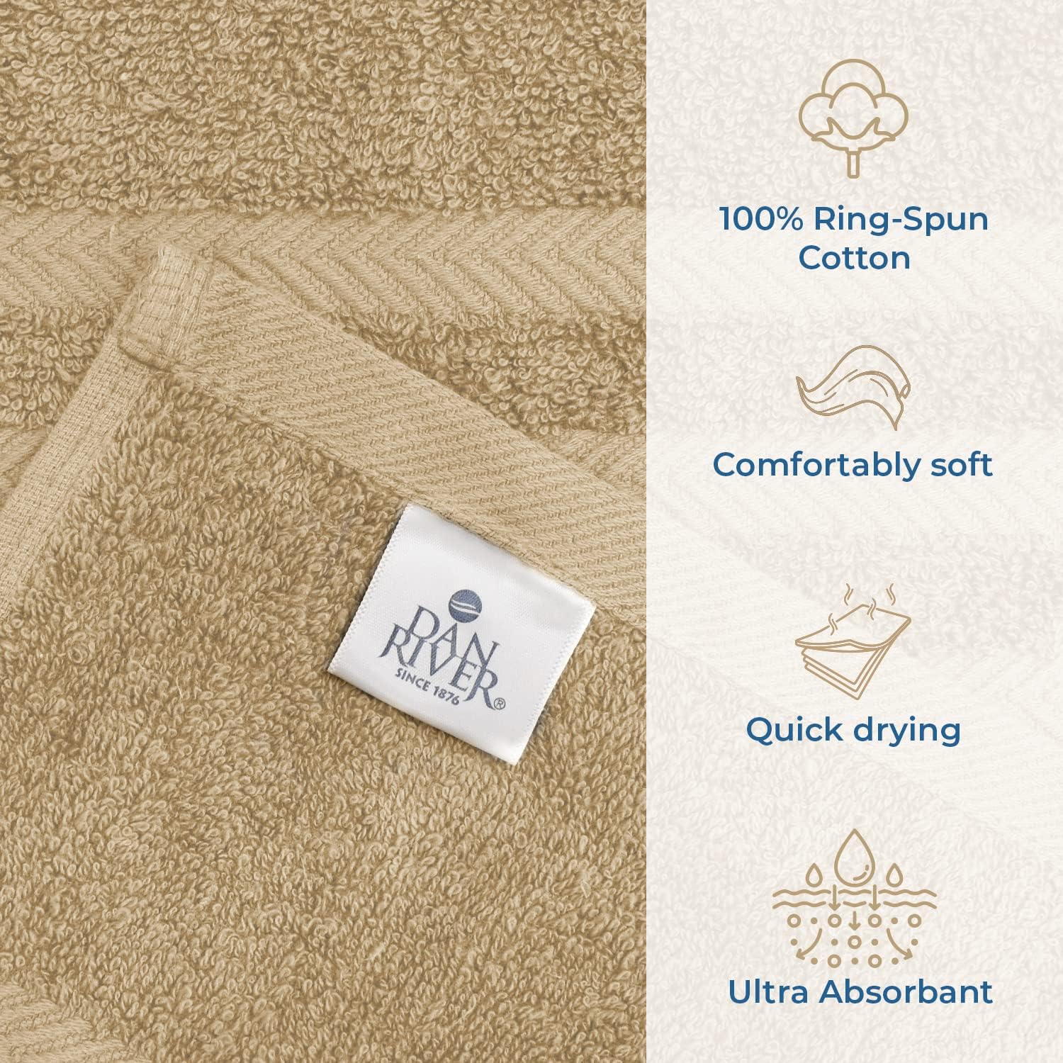 DAN RIVER 3-Piece Towel Set: 1 Oversized Bath Sheet (40x80 Inches) & 2 Bath Sheets (35x70 Inches), 550 GSM - Tan 2