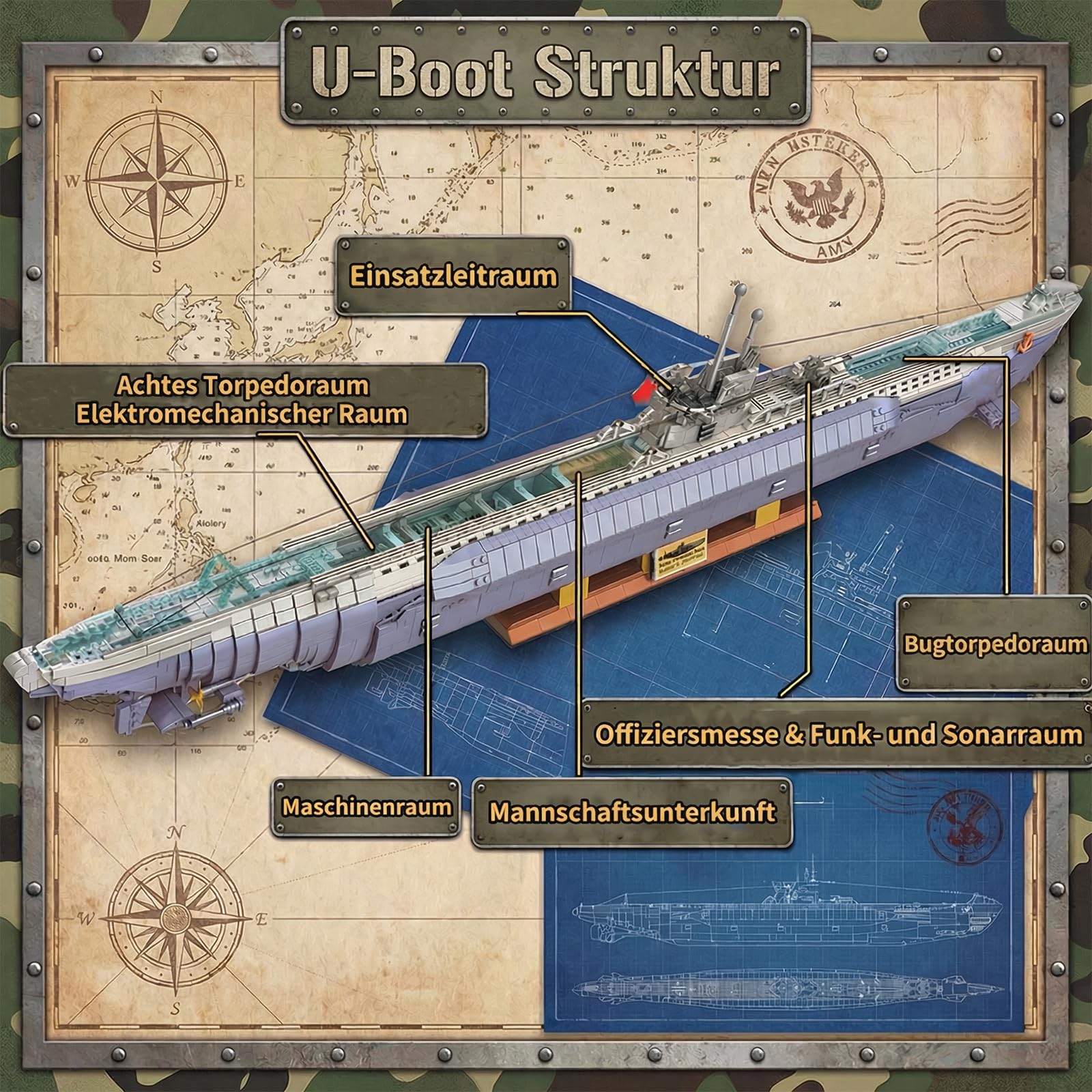 WWII U-552 Submarine U-Boot Klemmbausteine Technik - 6172 Teile 102 cm Länge Deutsches Schlachtschiff, Military Series MOC Sets für Erwachsene Kompatibel mit Panlos