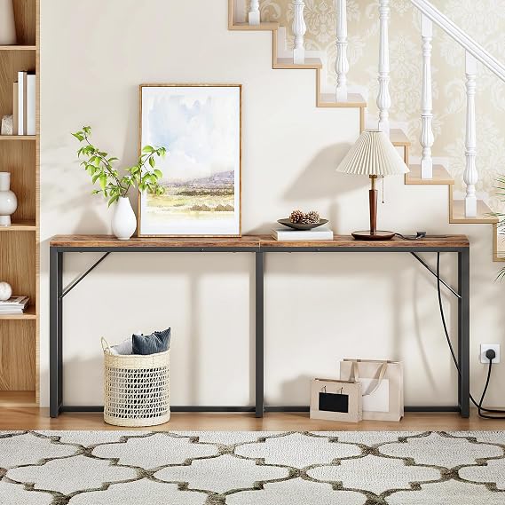 HOOBRO Slim Console Table with Charging Station, 180 cm Long Narrow Behind Sofe Table, Industrial Hallway Table, for Entryway, Living Room, Adjustable Feet, Rustic Brown and Black EBF208KXG01