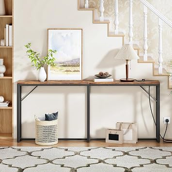 HOOBRO Slim Console Table with Charging Station, 180 cm Long Narrow Behind Sofe Table, Industrial Hallway Table, for Entryway, Living Room, Adjustable Feet, Rustic Brown and Black EBF208KXG01